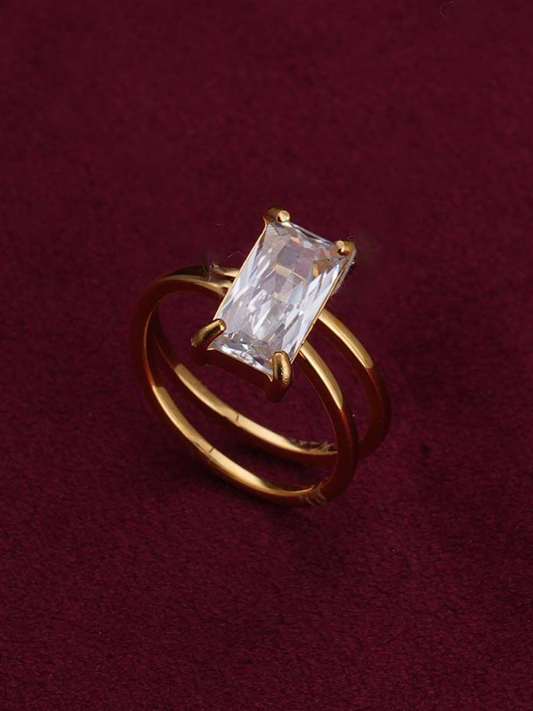 PALMONAS Anti Tarnish Gold-Plated Stainless Steel CZ-Stone Studded Rectangle Finger Ring