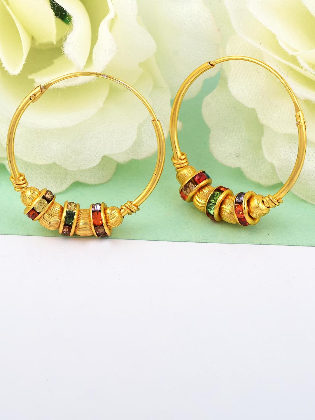 MEMOIR Gold-Plated Circular Stone Studded Triple Strand Hoop Earrings