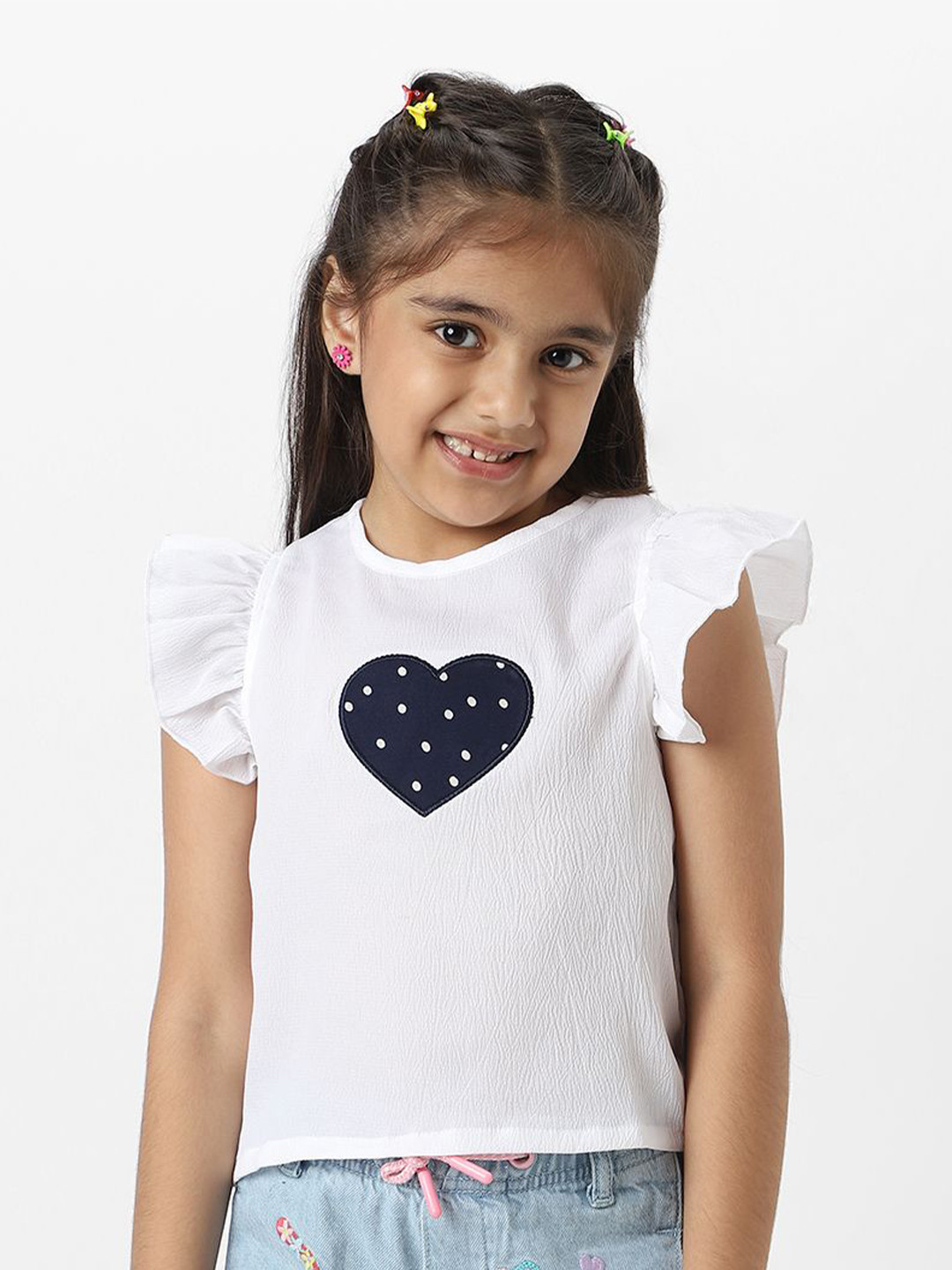 Nauti Nati Girls Frill Sleeve Everyday wear Crepe Top With Heart Applique