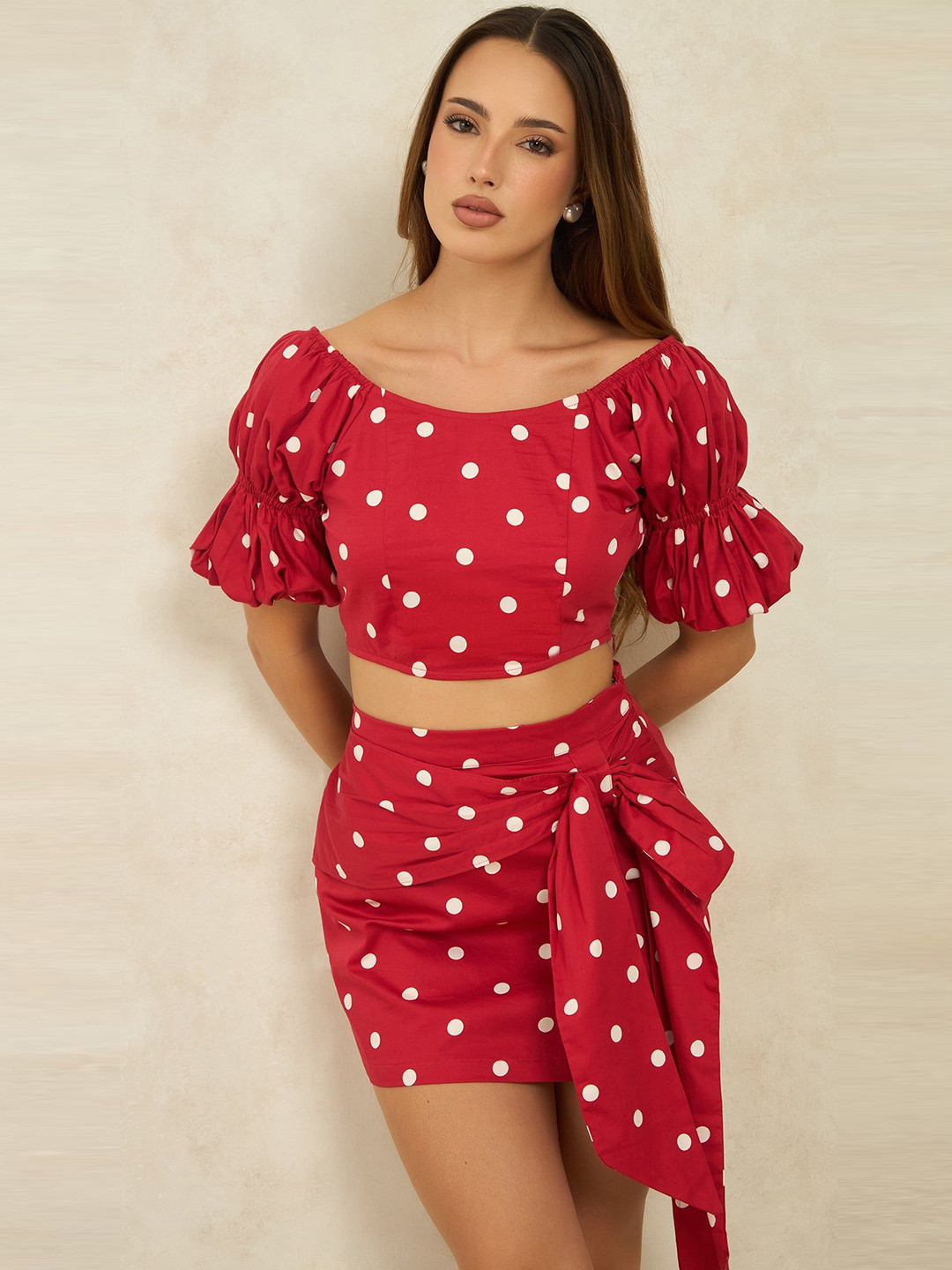 Virgio Pure Cotton Polka Crop Top With Puff Sleeves