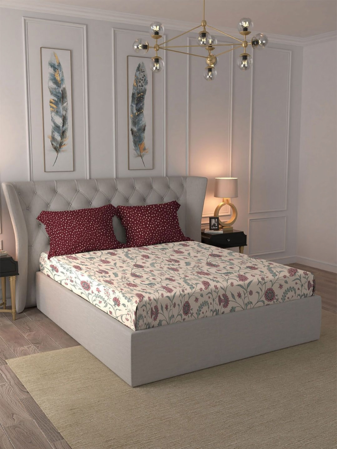 MYTRIDENT Coromandel Red Dusk & Dawn Flat 144TC Queen Cotton Bedsheet Set