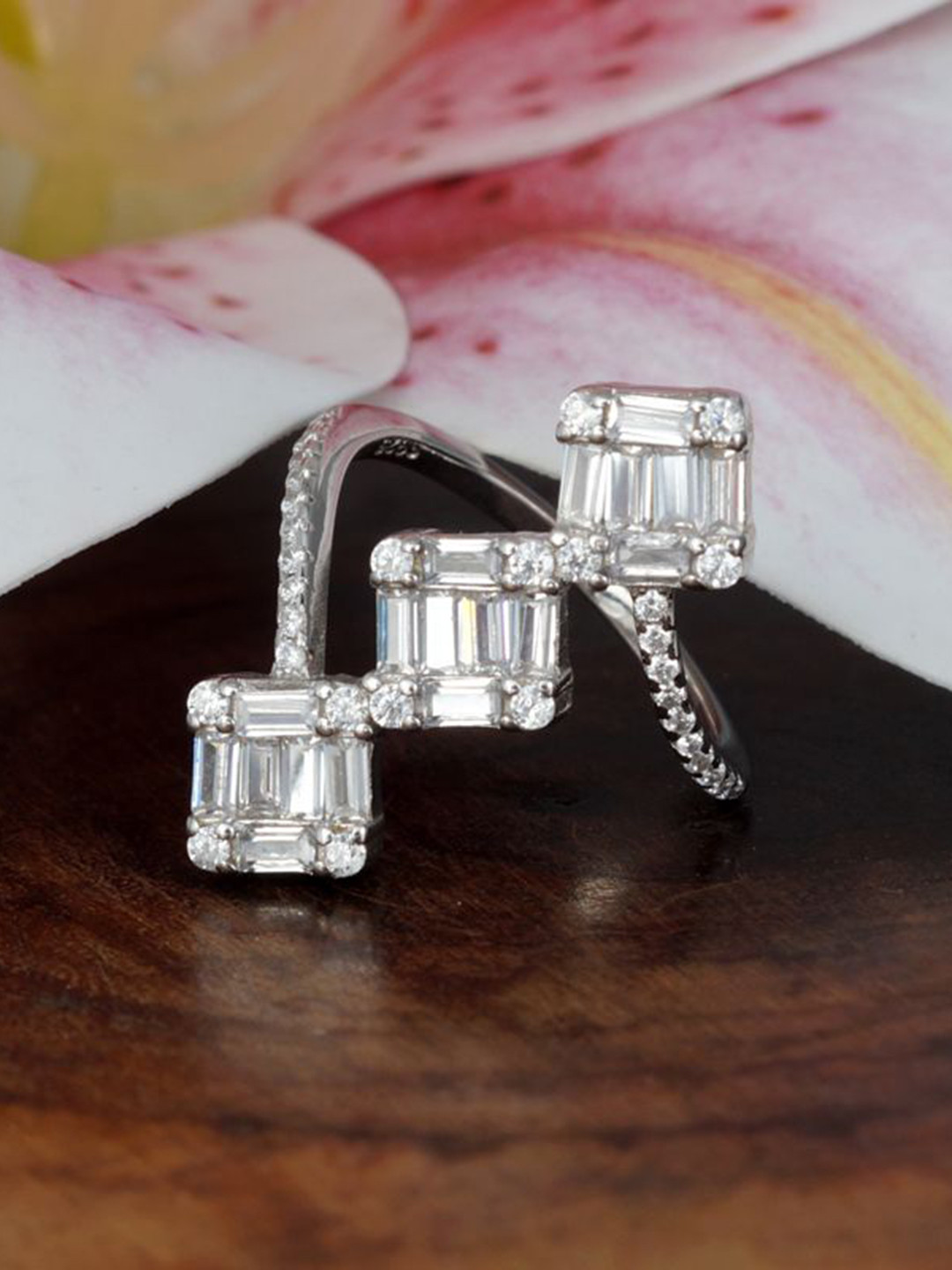 Tuanz Silver Jewelry 925 Rhodium-Plated CZ Studded Finger Ring