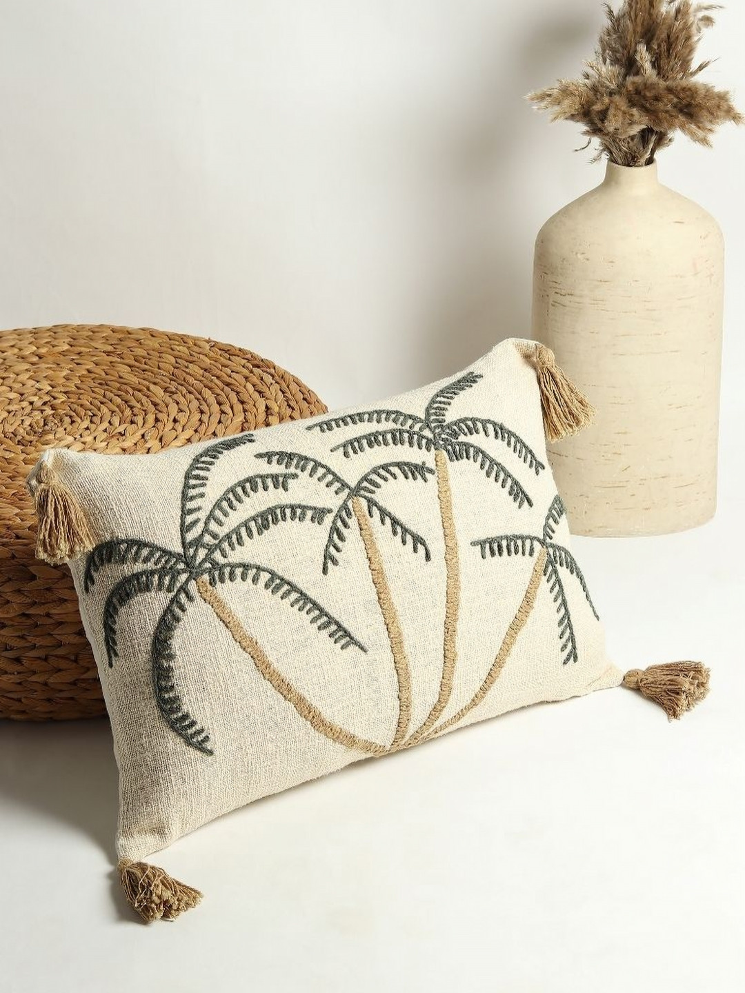 Art Avenue Beige & Green Tropical Embroidered Rectangle Cushion Covers