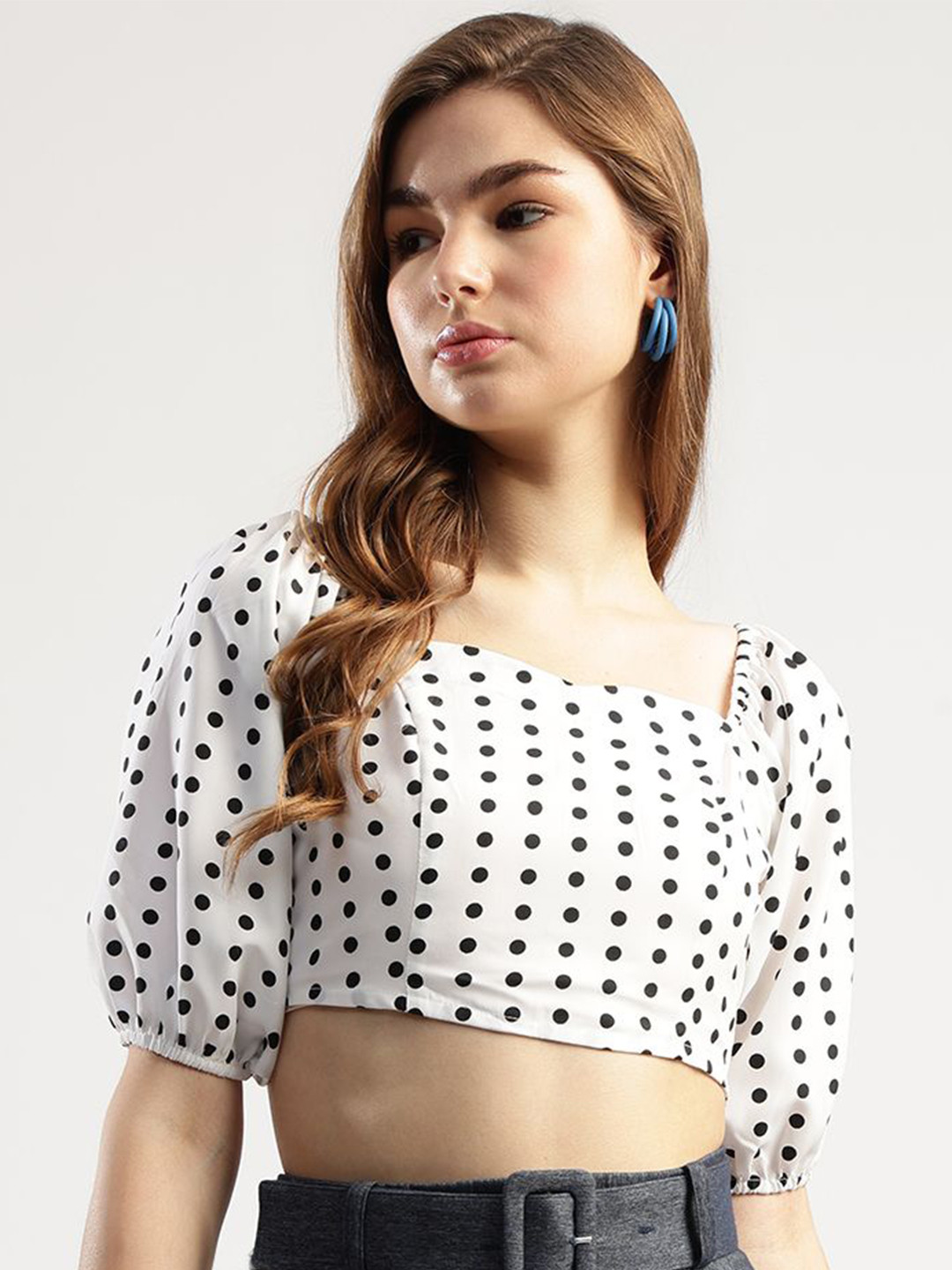 T TRYON ULTIMATE Women Polka Dot Printed Sweetheart Neck Puff Sleeves Crop Top