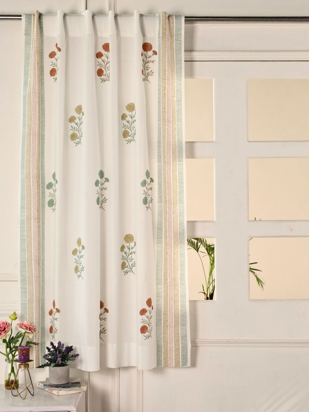 Peepul Tree White & Green Floral Sheer Window printed Cotton Curtain -5ft