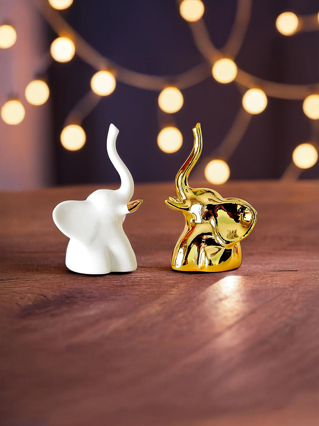 Ekhasa White & Gold Toned 2 Pieces Ceramic Elephant Figurine Showpieces