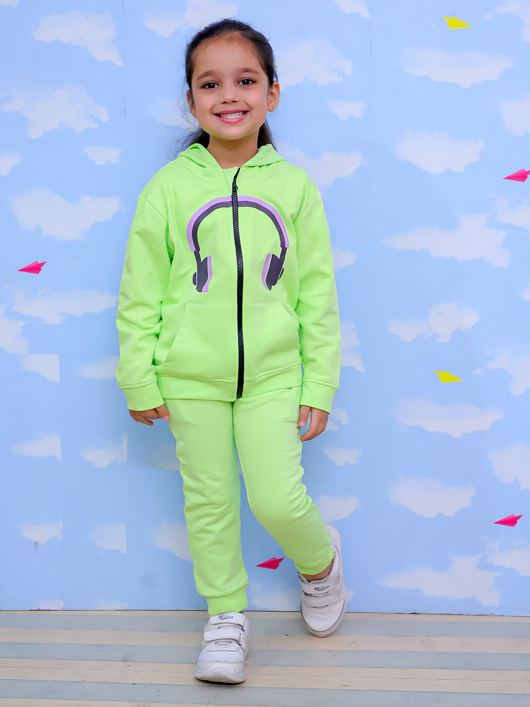 The Mom Store Girls DJ Neon Printed Zipper Hooded Pure Cotton Sweatshirt with Joggers