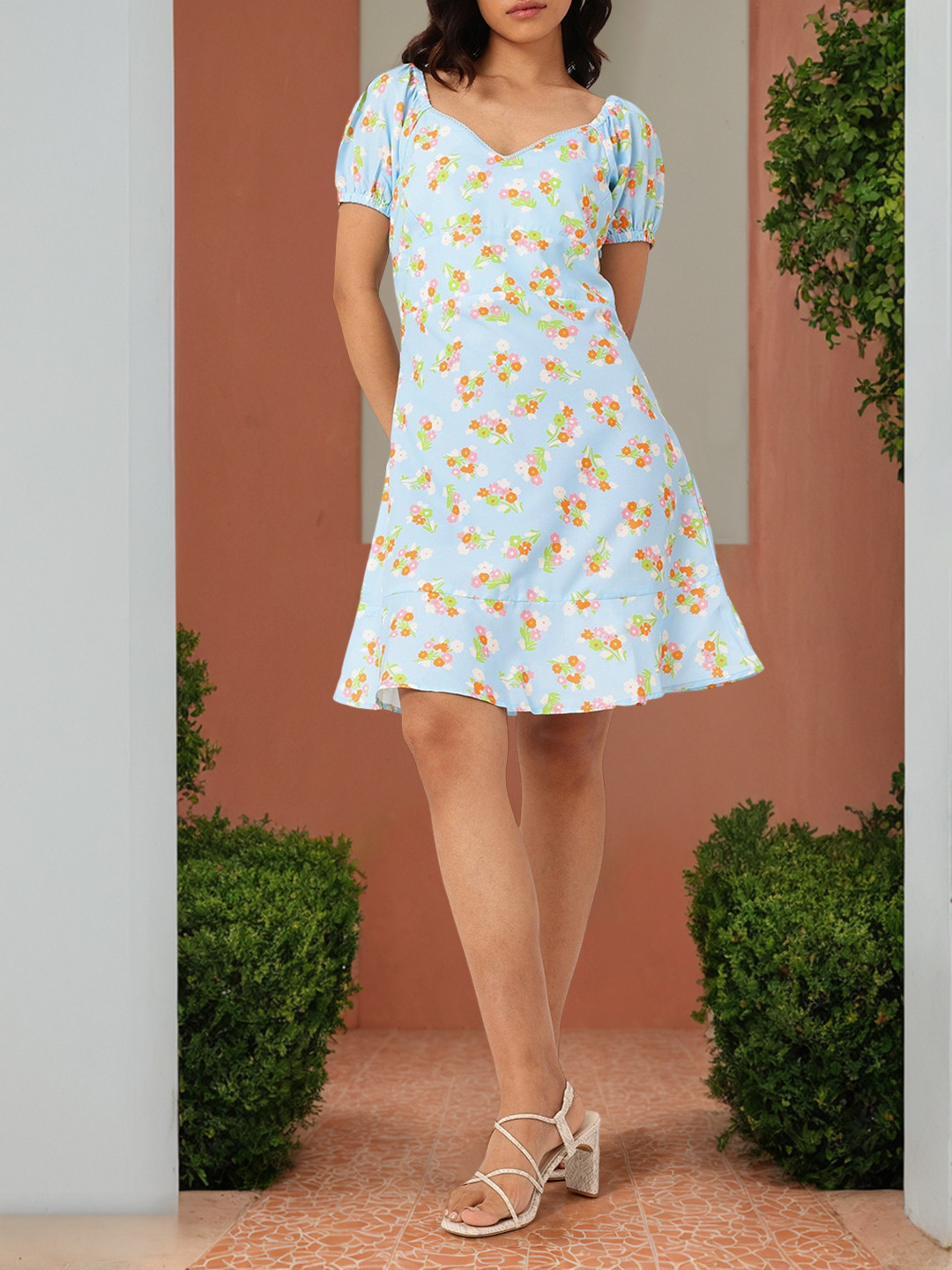 DressBerry Heart Neck Puff Sleeves A-Line Dress