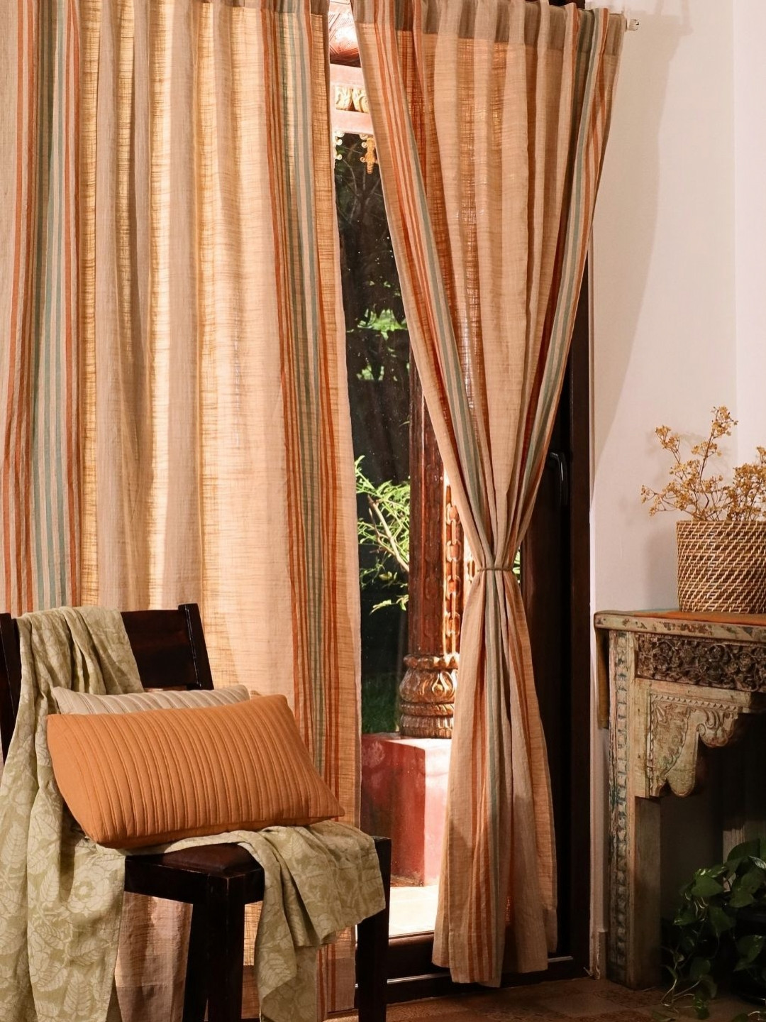 Peepul Tree Set of 2 Brown Floral printed Cotton Door Curtain-Cream -7ft