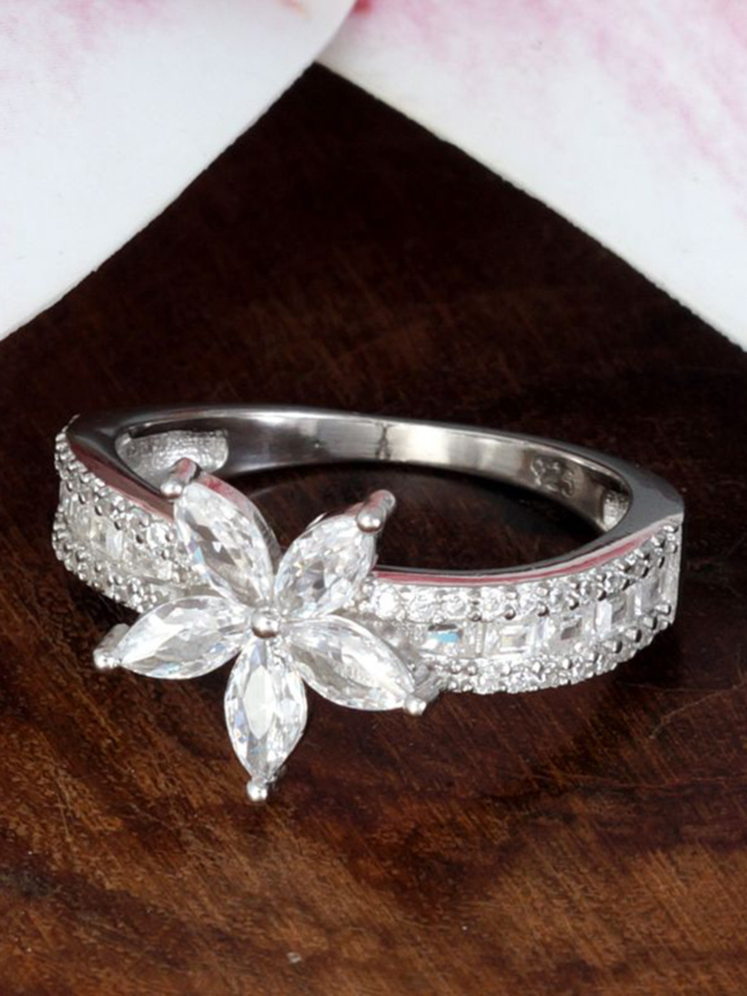 Tuanz Silver Jewelry Margaret Illusion 925 Sterling Silver Rhodium Plated CZ Studded Ring