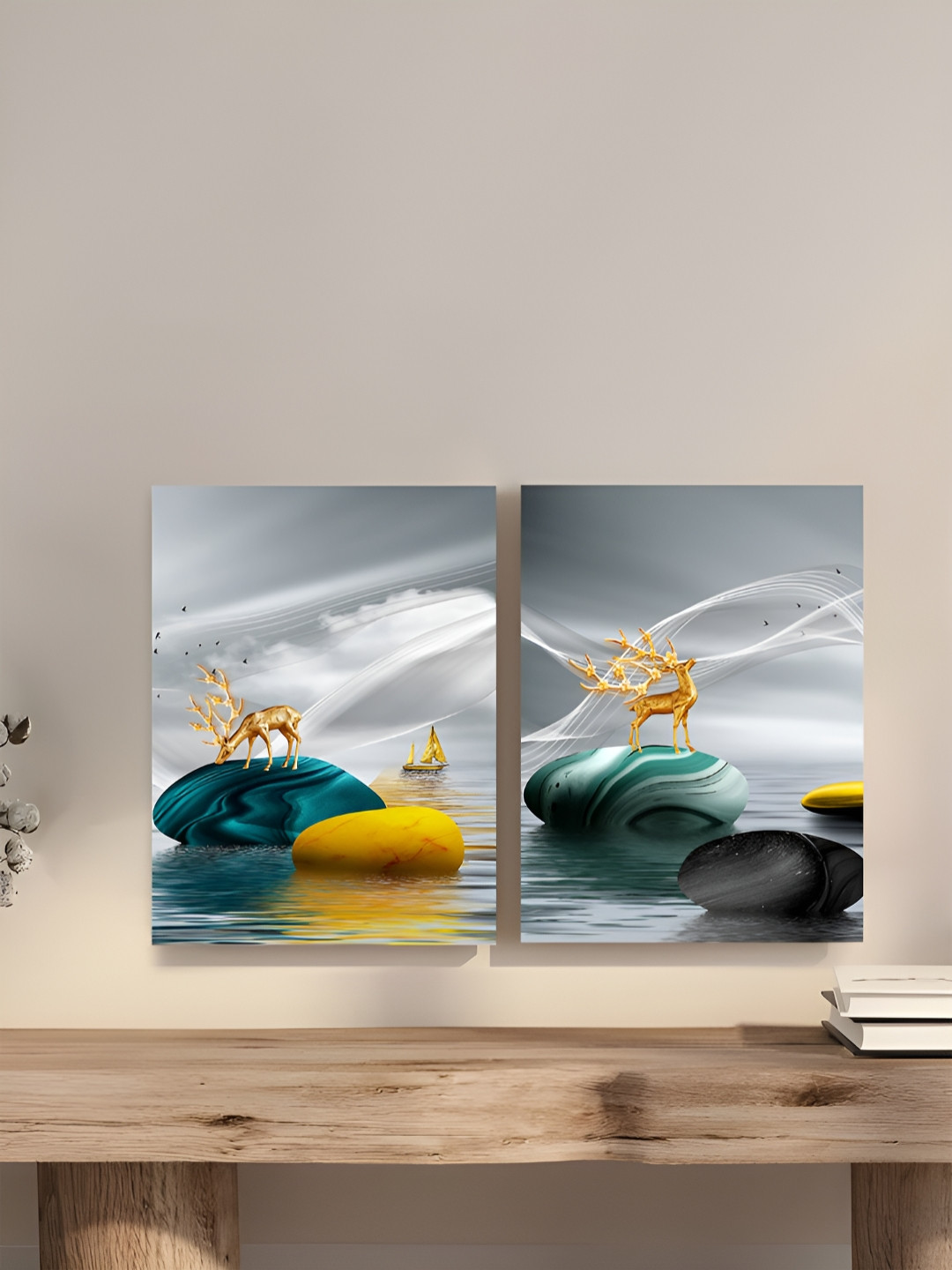 Art Street Green & Grey 2 Pieces Canvas Deer Painting Wall Arts