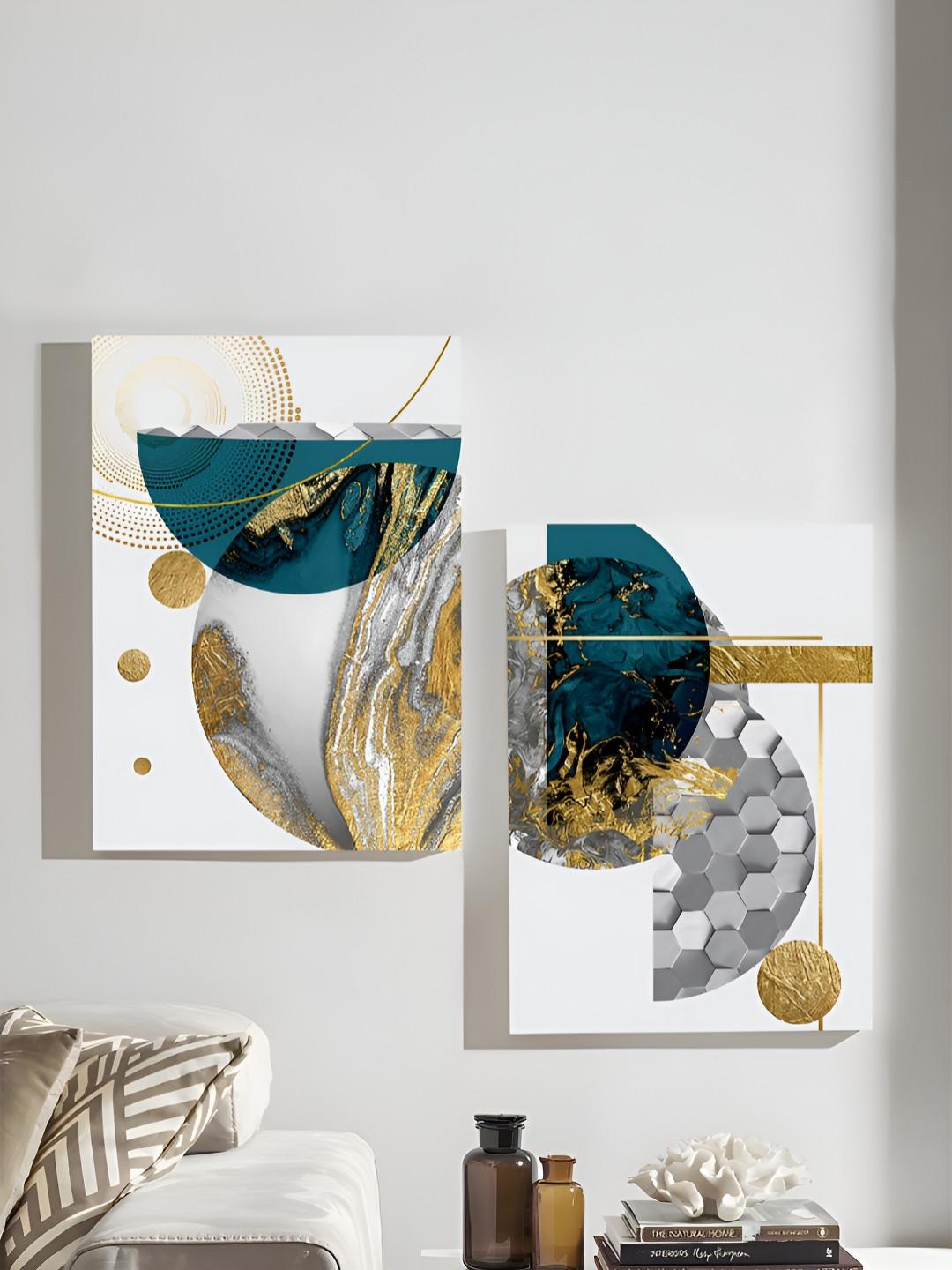 Art Street Silver-Toned & White 2 Pieces Canvas Geometric Semi Circle Painting Wall Arts