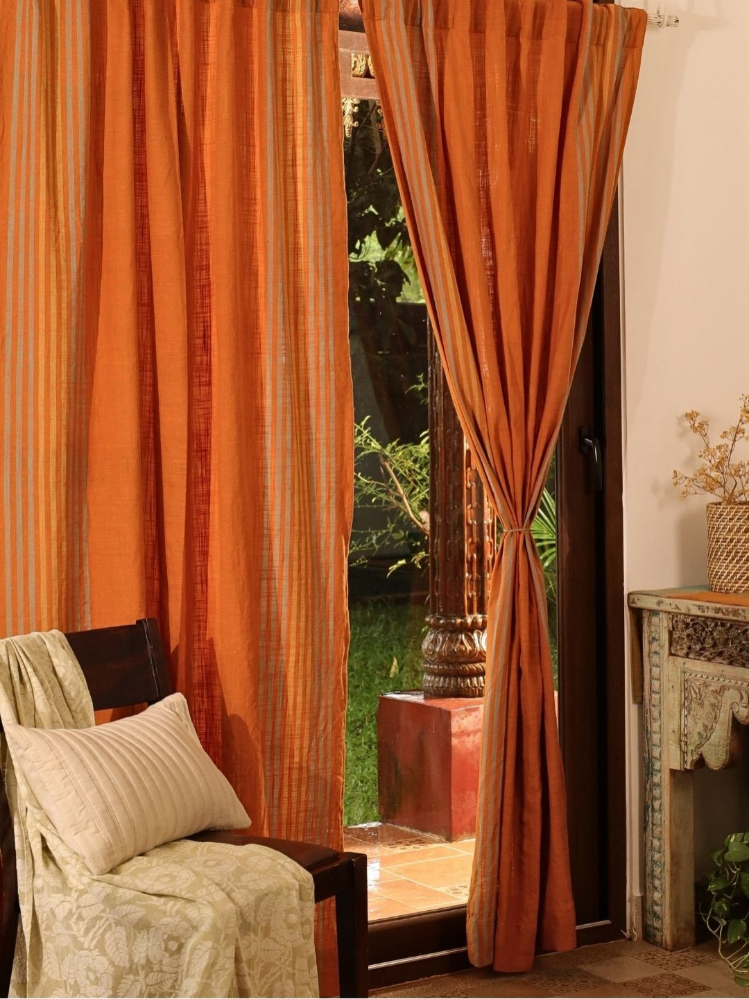 Peepul Tree Set of 2 Marigold Rust Sheer Pure Cotton Door Curtains -7ft