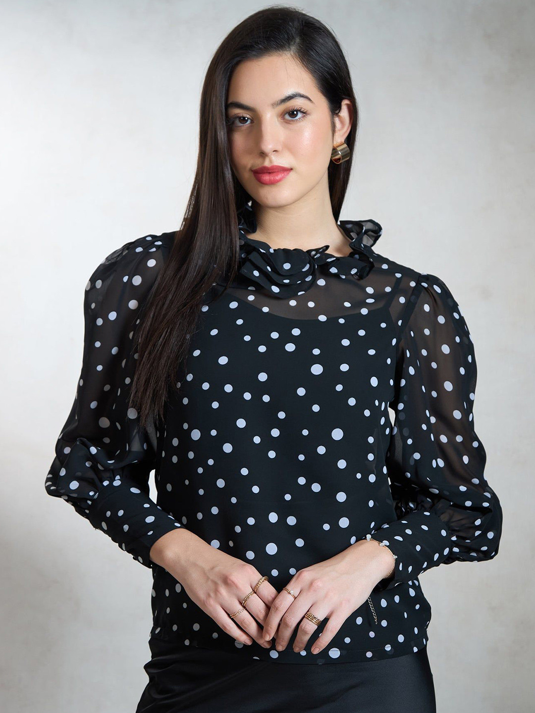 Virgio Georgette Polka Top With Ruffle Neck
