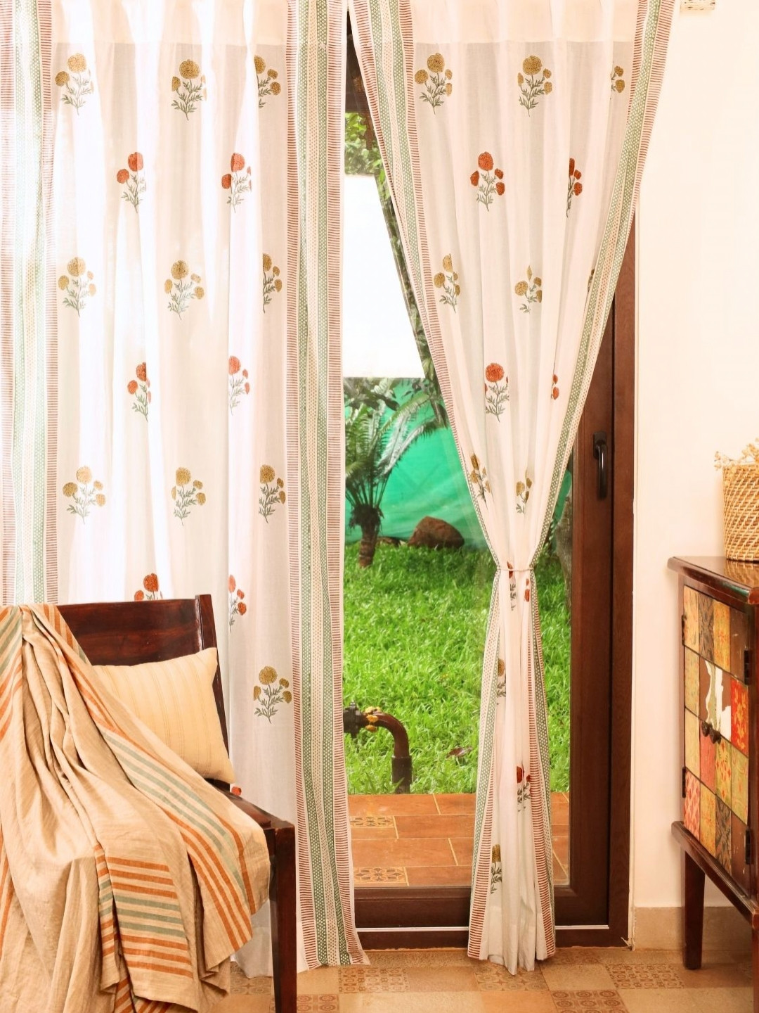 Peepul Tree Set of 2 Mustard Yellow Floral Sheer Cotton Door Curtains -7ft