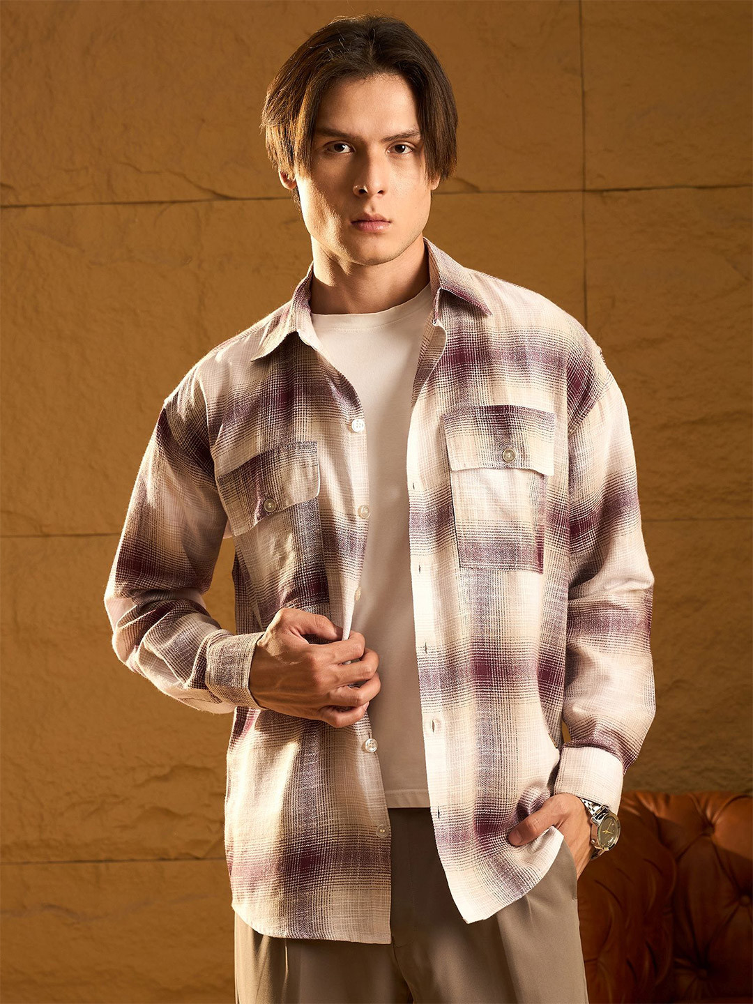 DENNISON Men Double Pocket Drop Shoulder Oversized Cotton Checked Shacket