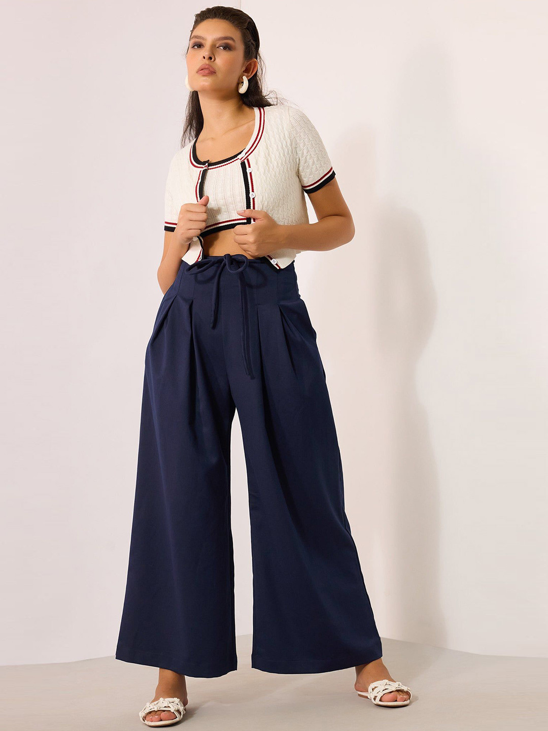 Virgio Viscose Stretch Navy Pleated Flare Pant