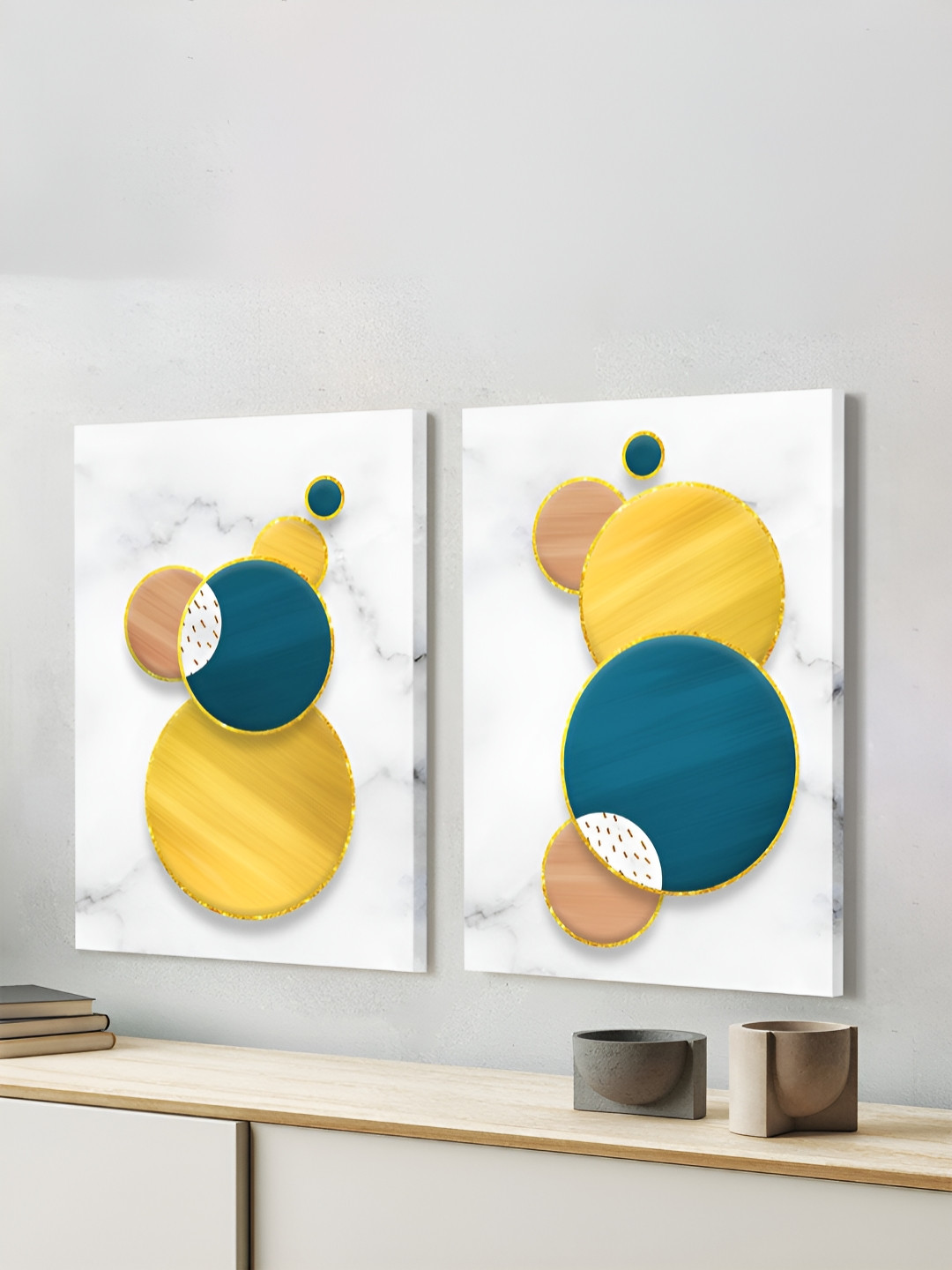 Art Street Yellow & Teal 2 Pieces Canvas Minimalist Pattern Painting Wall Arts