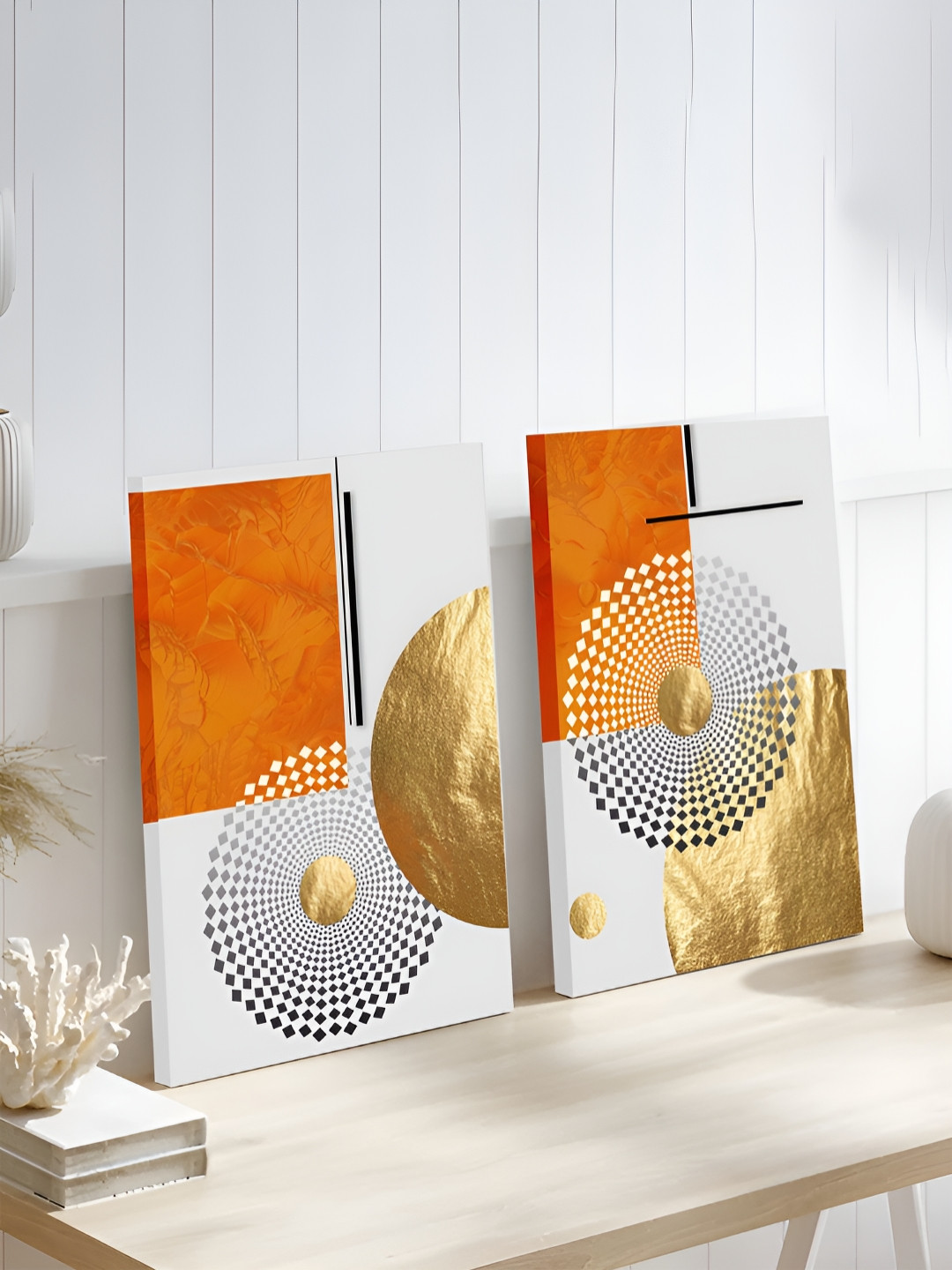 Art Street Gold-Toned & Orange 2 Pieces Canvas Citrus Sun Stretched Painting Wall Arts