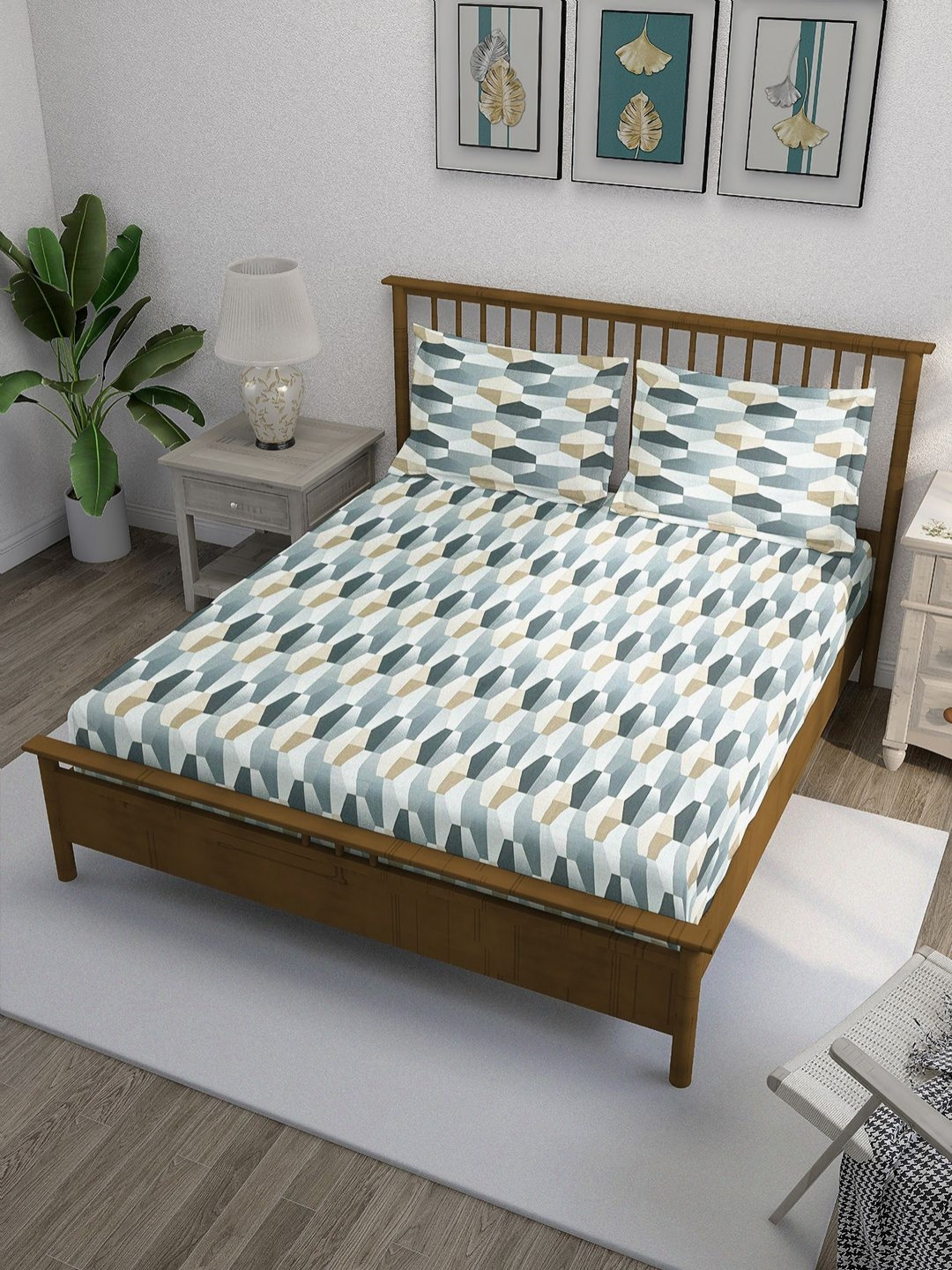 SWAYAM Ananda Grey Geometric Pure Cotton 210 TC Super King Fine Bedsheet with 2 Pillow Covers-108 x 108 inches