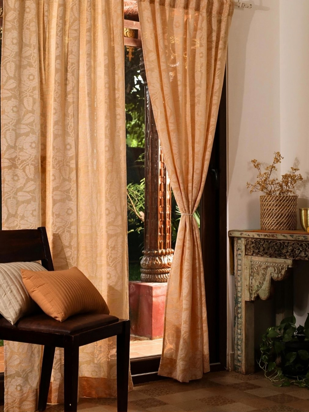 Peepul Tree Set of 2 Peach Floral Printed Sheer Cotton Door Curtains -7ft