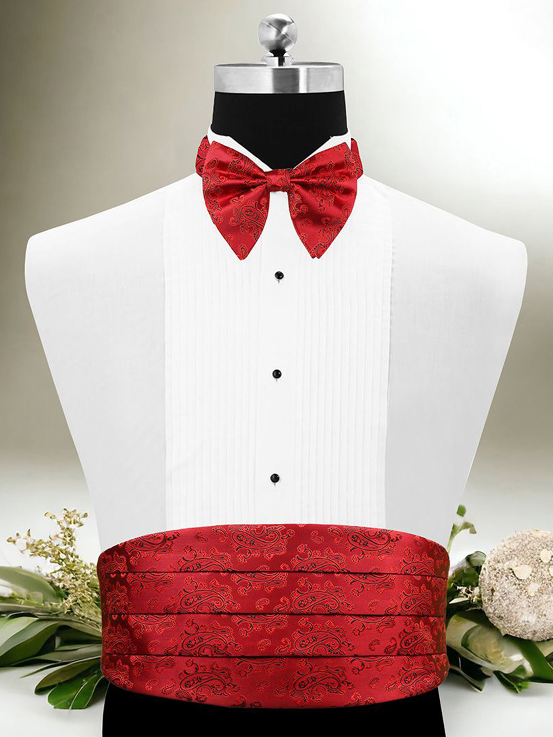 Peluche Red Solid Cummerbund Bow Tie & Pocket Square Set