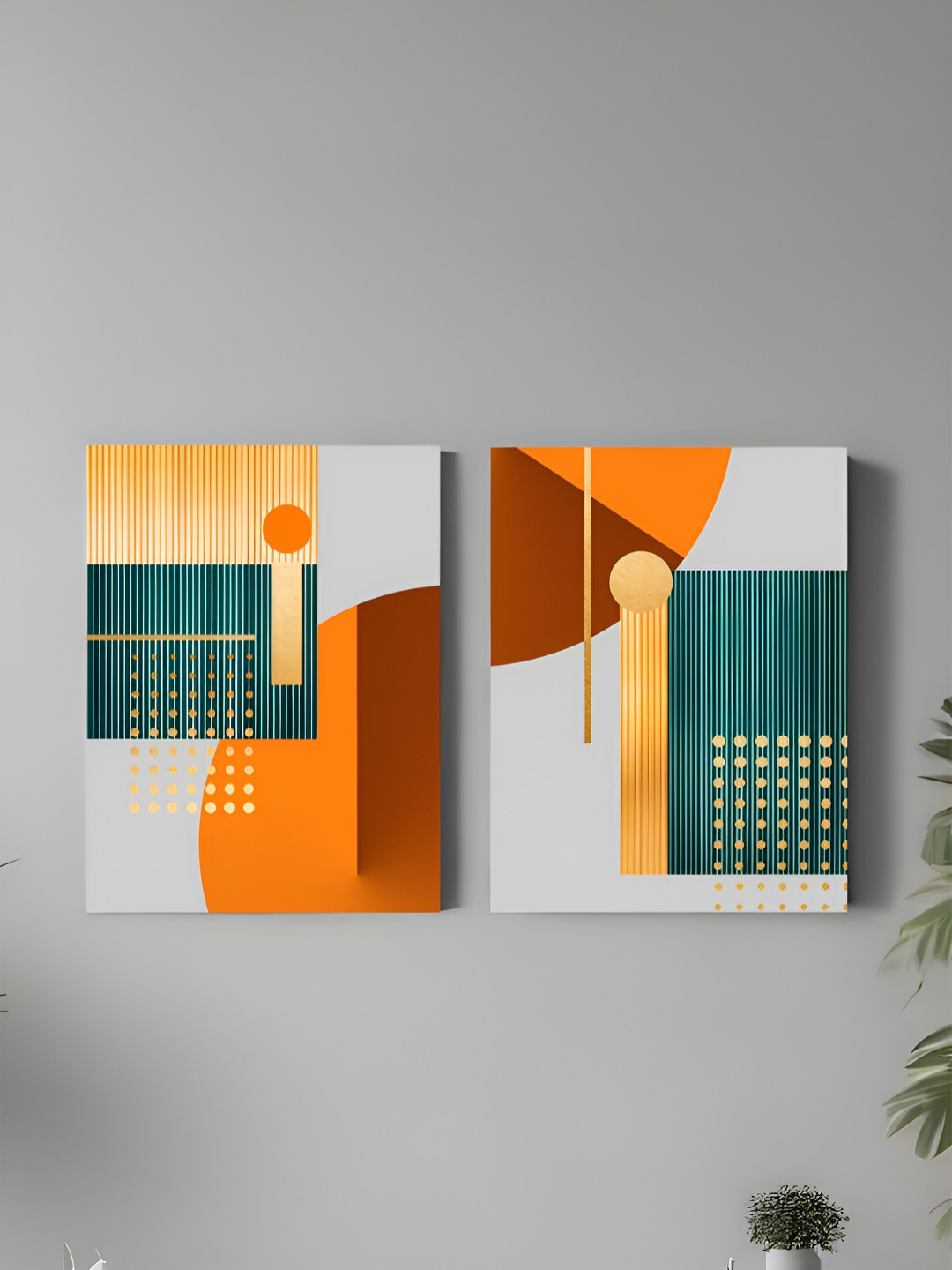 Art Street Green & Orange 2 Pieces Abstract Canvas Painting Wall Arts