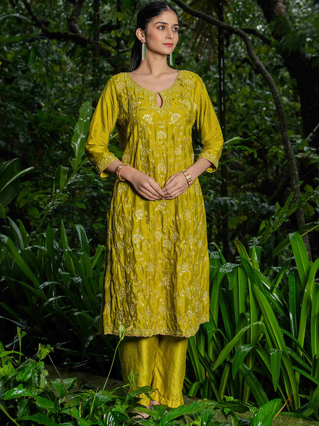 The Front Row Floral Embroidered Regular Sequin Work Pure Silk Kurta With Trouser