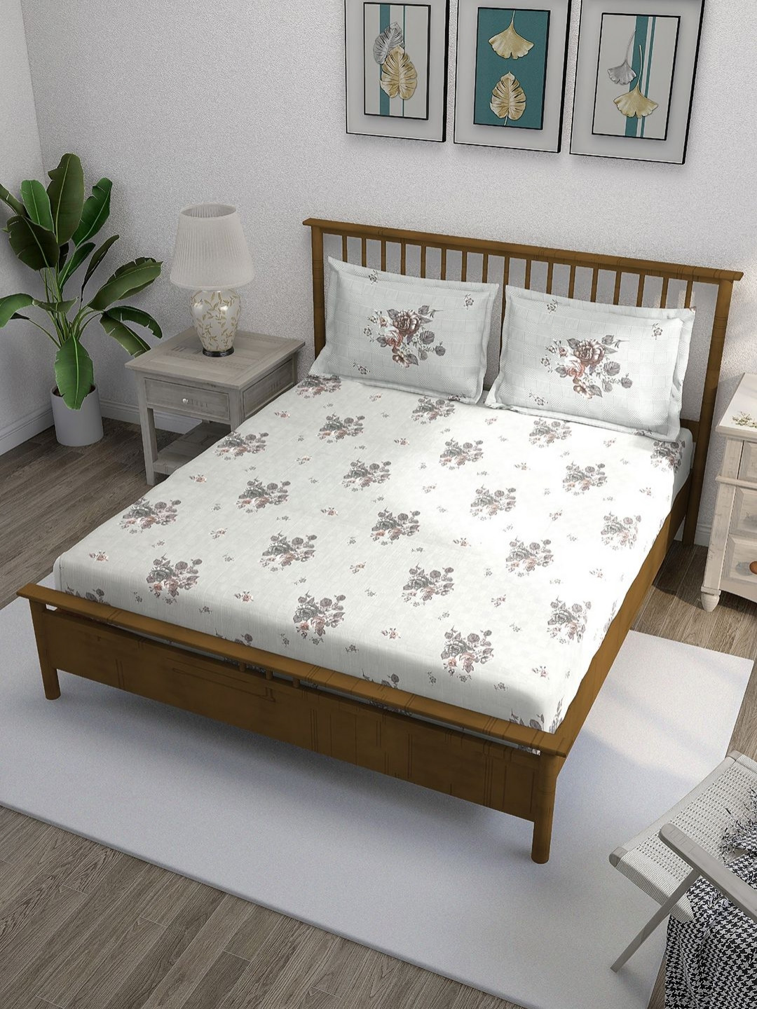 SWAYAM Ananda Grey Floral Pure Cotton 210 TC Fitted Queen Fine Bedsheet with 2 Pillow Covers-78 x 71 inches