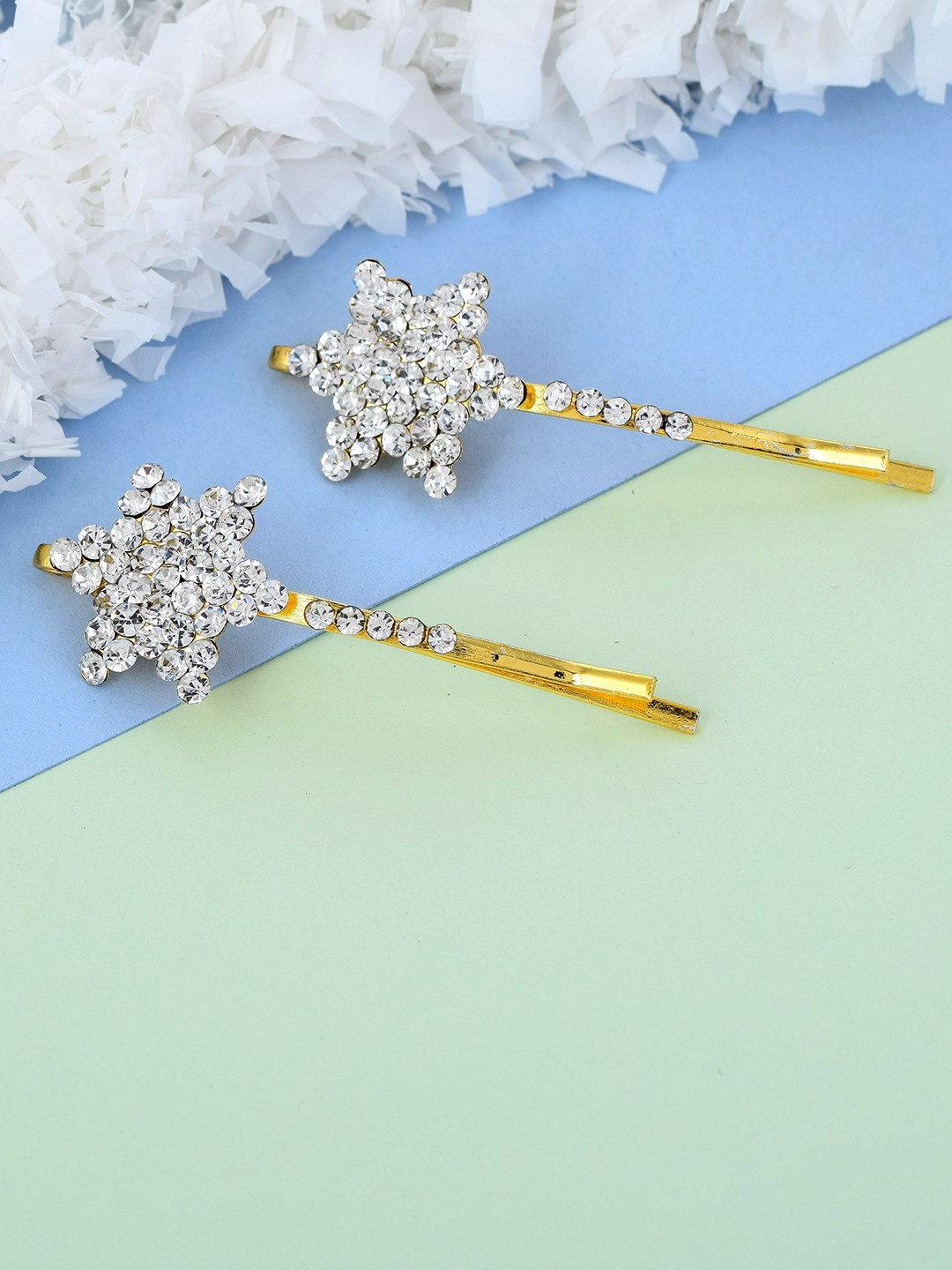 MEMOIR Set of 2 Gold-Plated Embellished Star Shaped CZ Studded Bobby Pins
