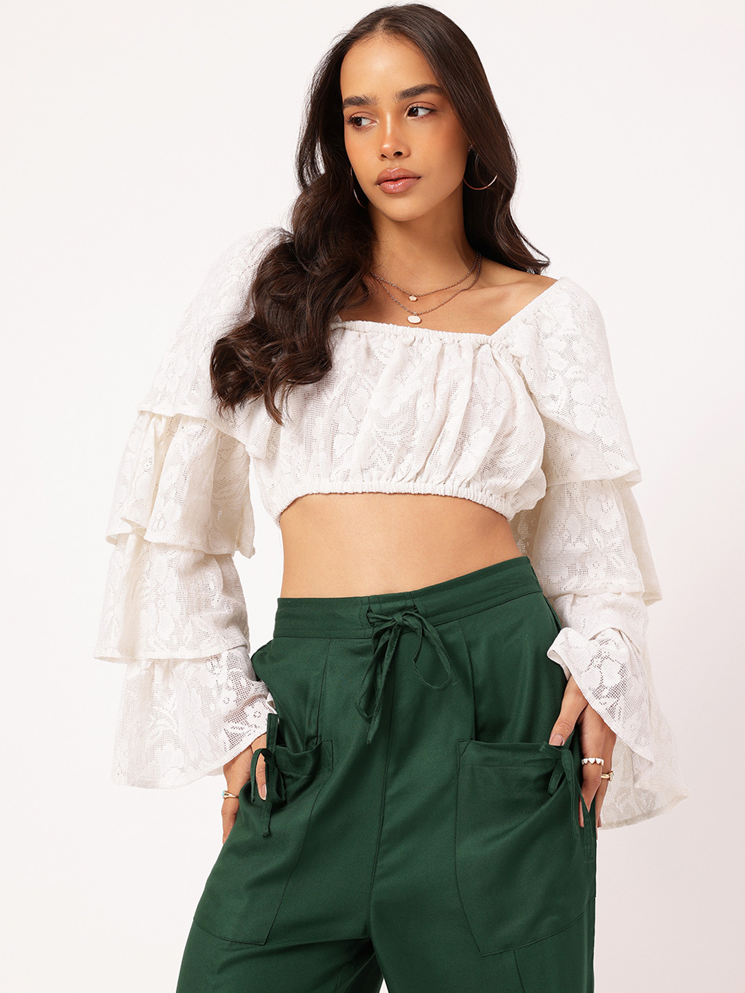 DressBerry Lace Inserted Layered Bell Sleeves Crop Top