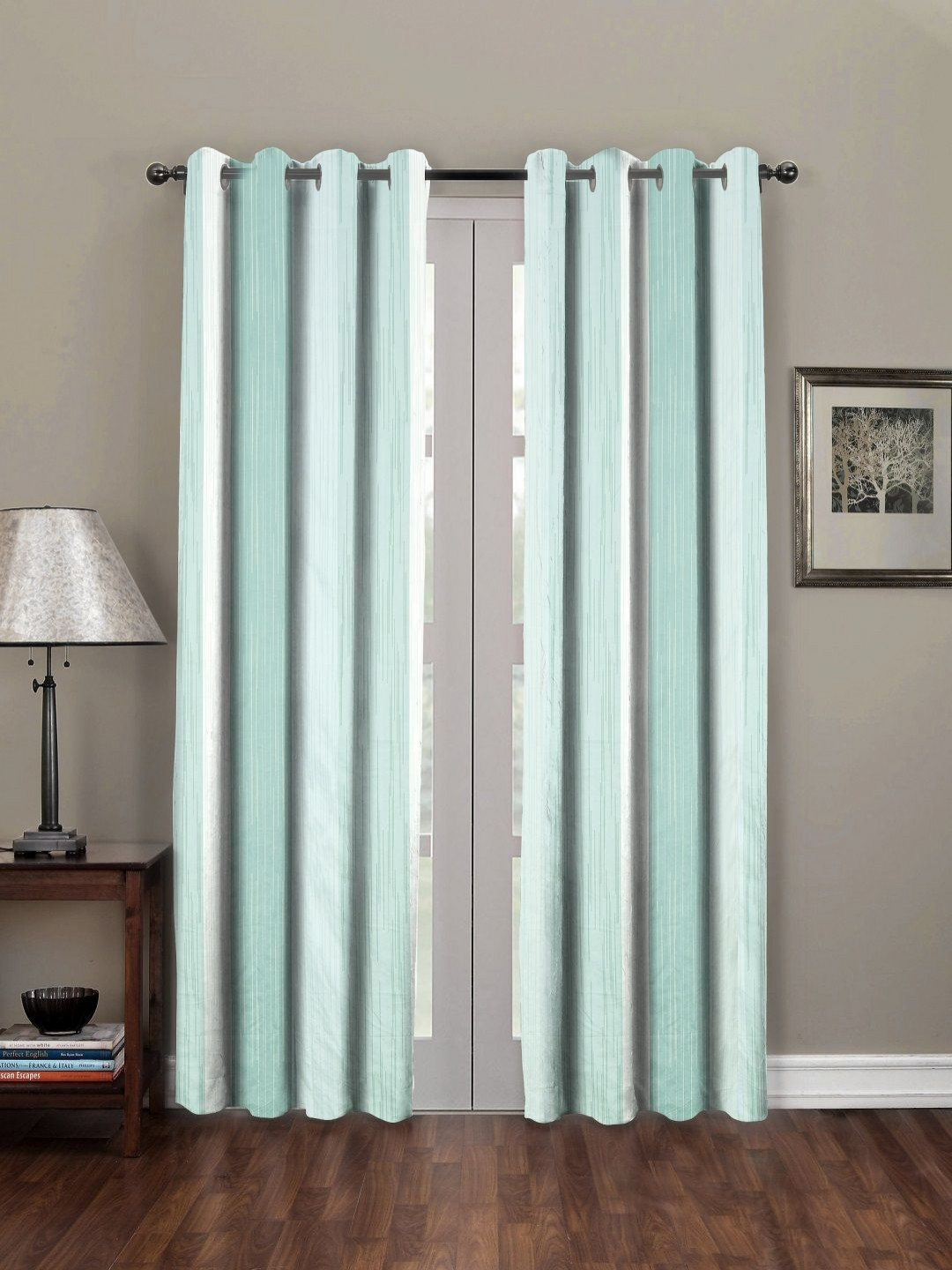RRC Green & White 2 Pieces Striped Microfiber Cotton Door Curtains