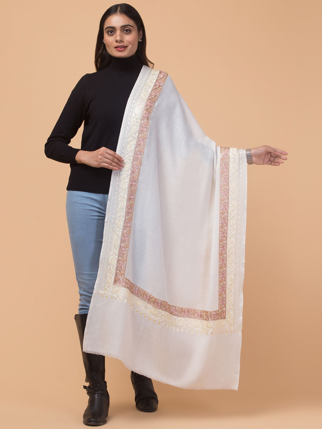 Tweedle Floral Kashmiri Embroidered Aari Work Woollen  Shawl