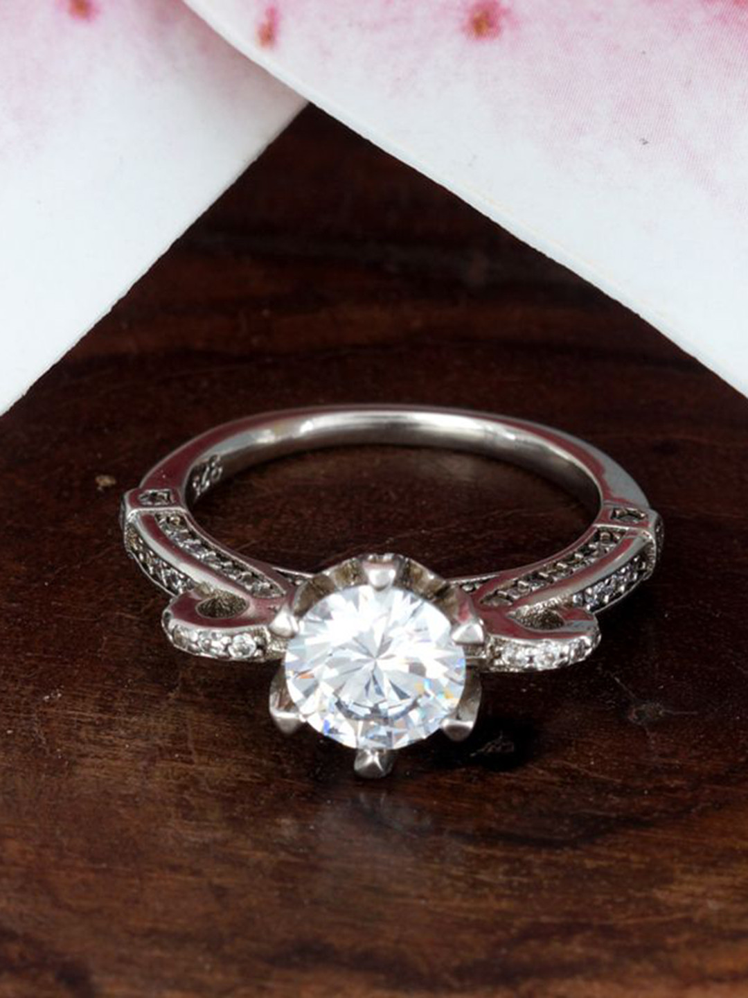 Tuanz Silver Jewelry Pratham 925 Sterling Silver Rhodium-Plated CZ-Studded Finger Ring