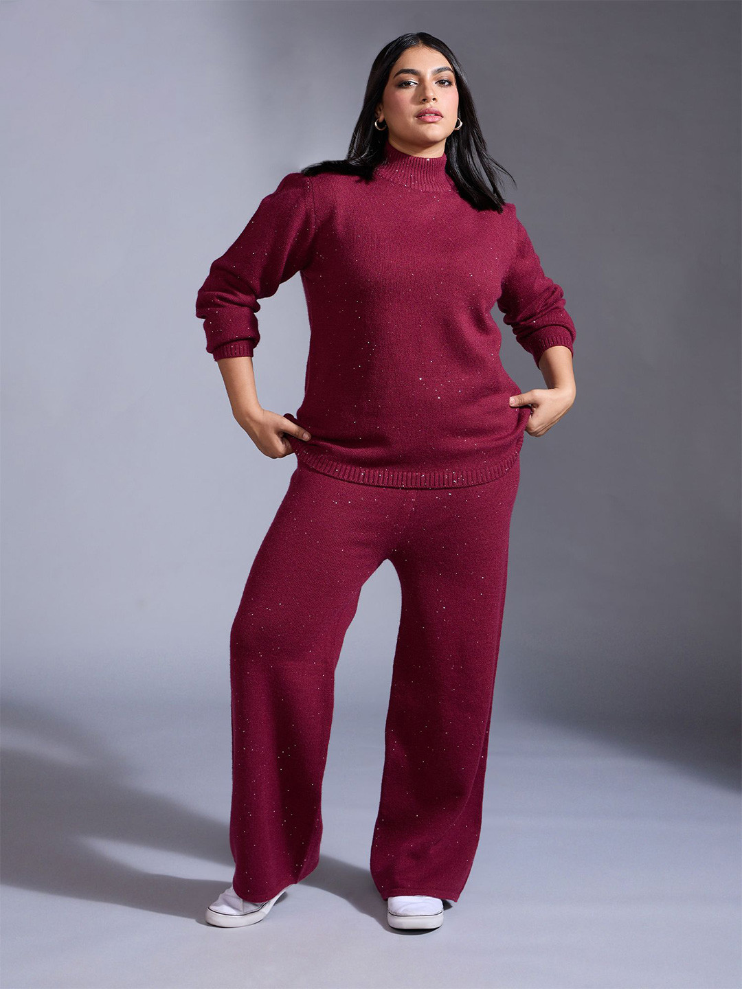 20Dresses Maroon Embellished High Neck Sweater With Trousers