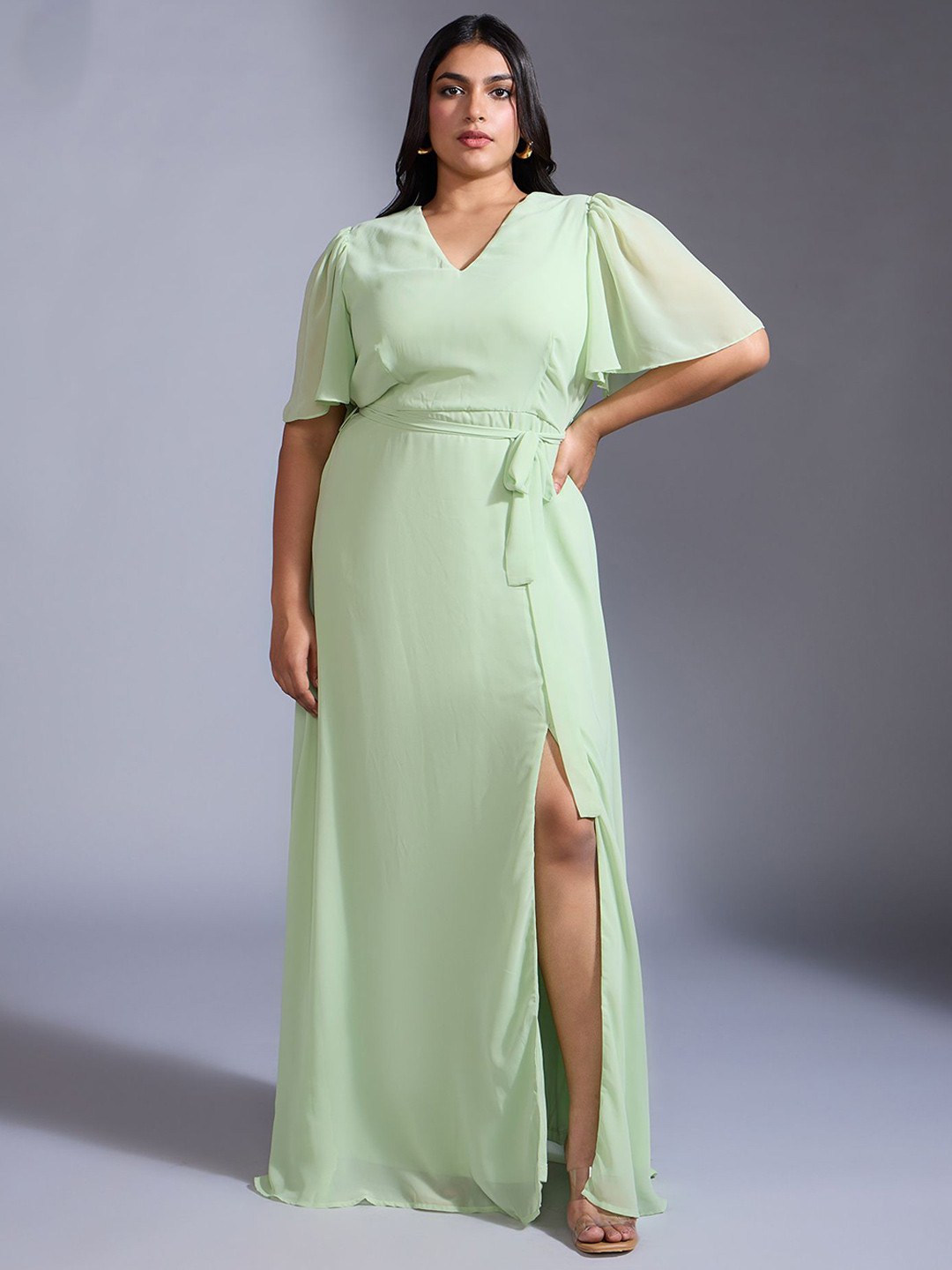 20Dresses Women Plus Size Bell Sleeve Georgette Fit & Flare Maxi Dress With Belt