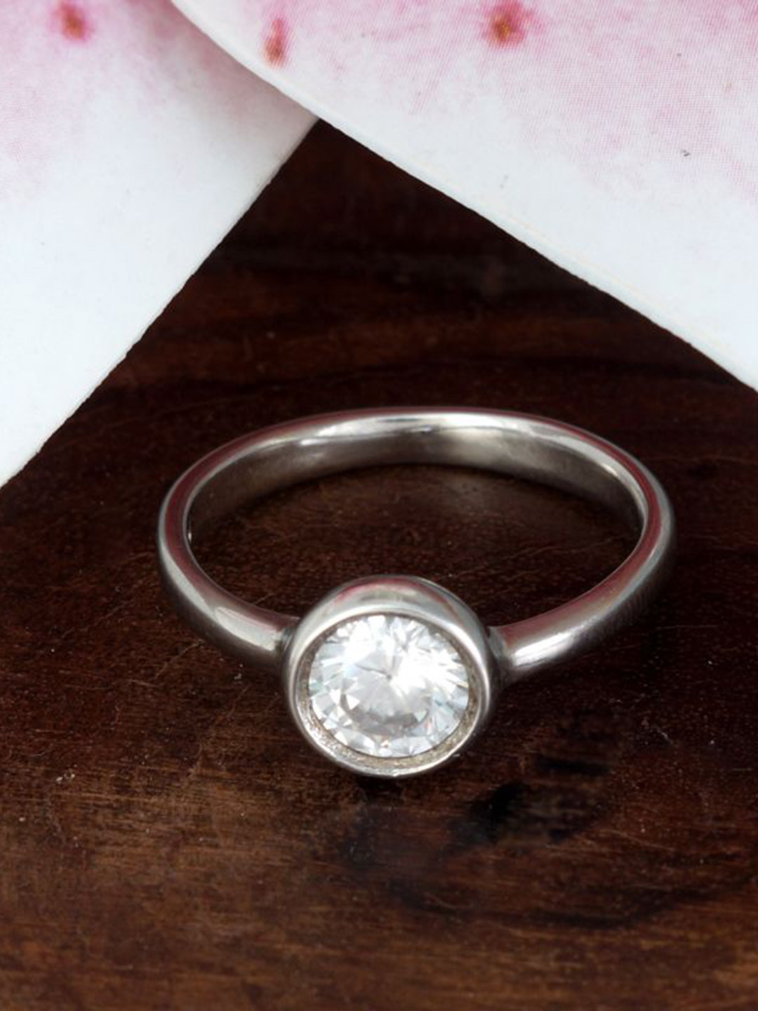 Tuanz Silver Jewelry Shubham Bezel 925 Sterling Silver Rhodium-Plated CZ-Studded Ring