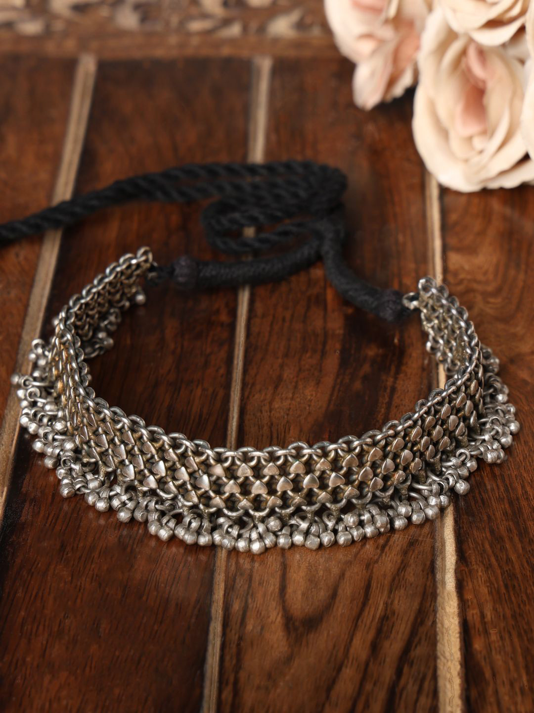 PATOLA BY VJ Brass Silver-Plated Beaded Oxidised Necklace
