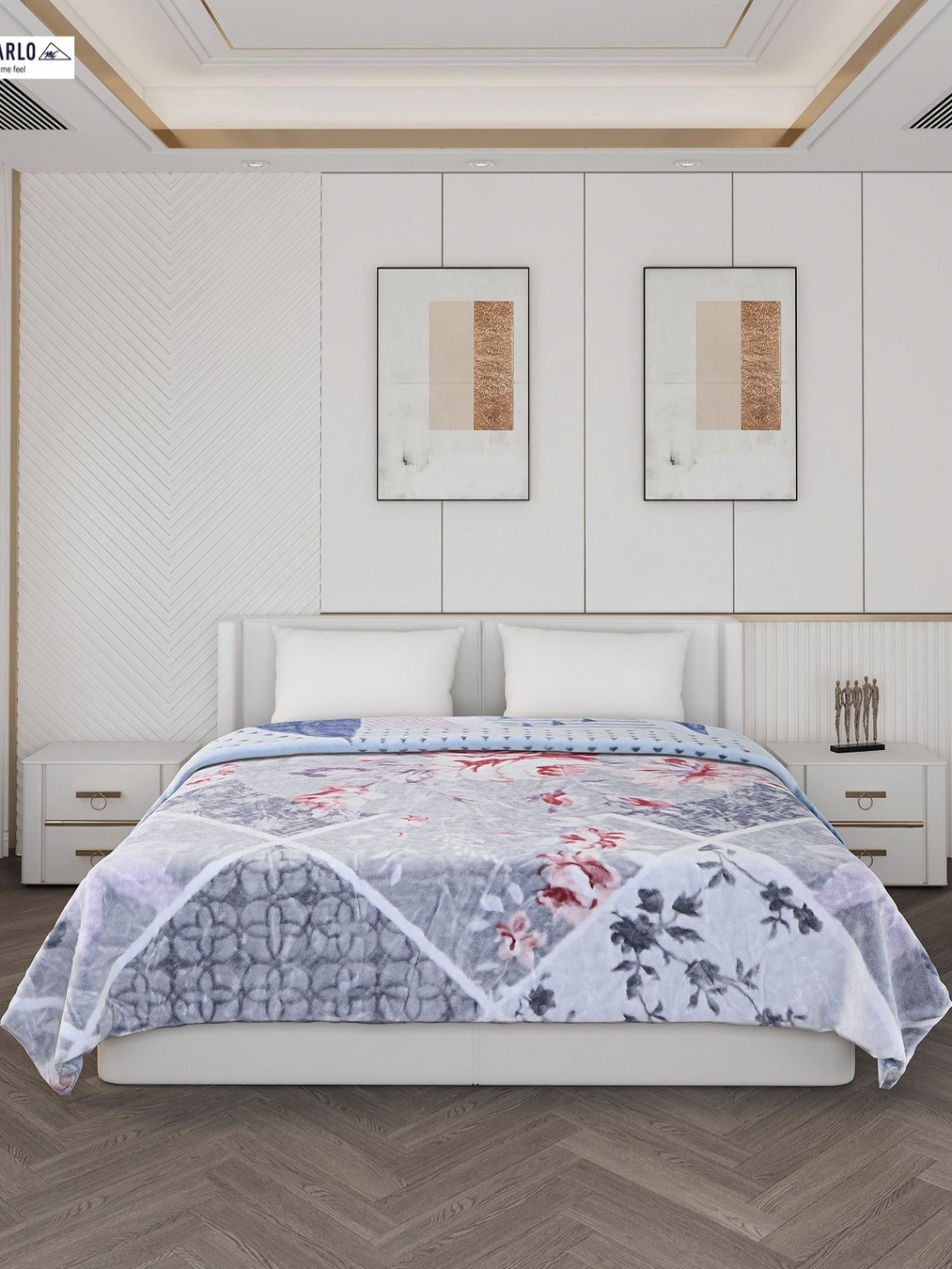 Monte Carlo White & Blue 550 GSM Floral Heavy Winter Double Bed Blanket