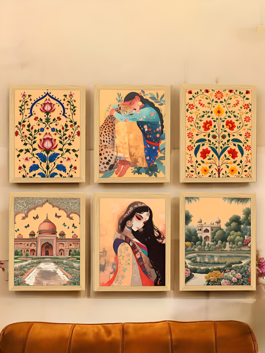 Art Street Pink & Blue 6 Pieces Madhubani Floral Mughal Painting Wall Arts