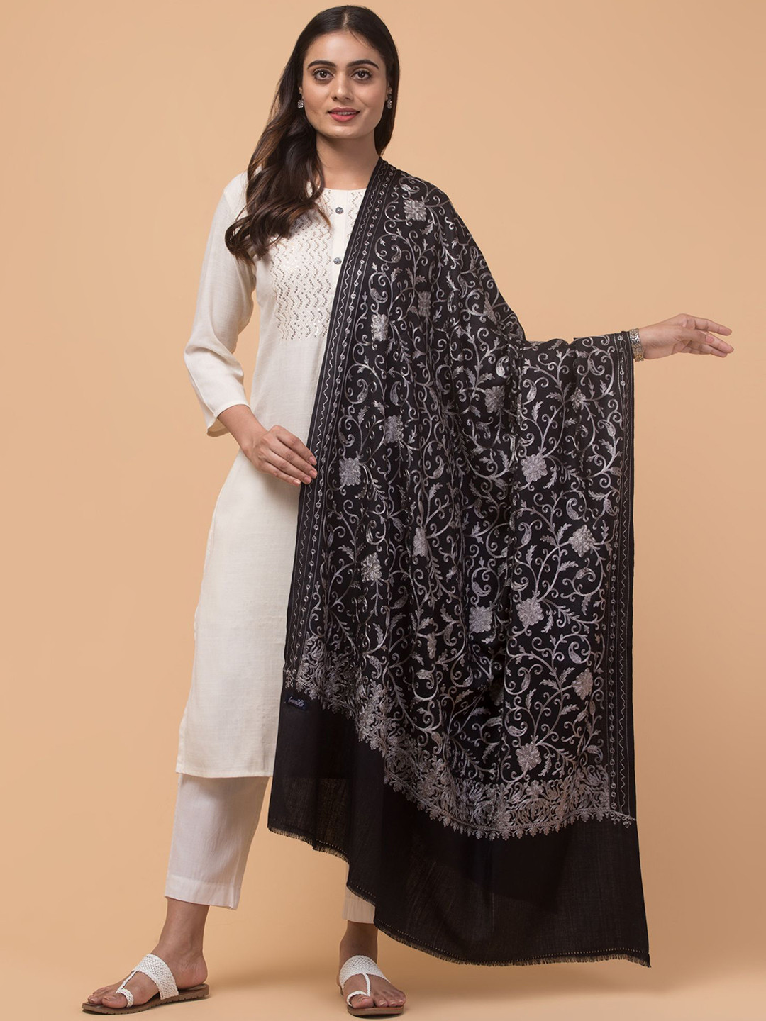 Tweedle Floral Kashmiri Embroidered Aari Work Acrylic Woollen Shawl