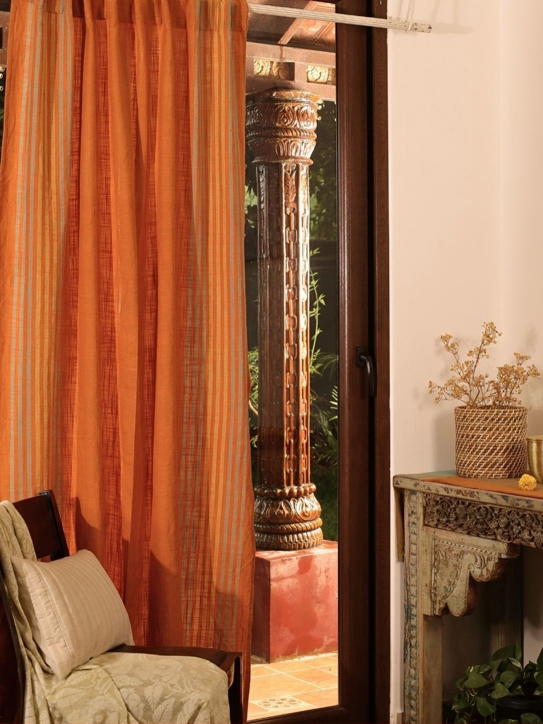 Peepul Tree Marigold Rust Sheer Pure Cotton Door Curtain