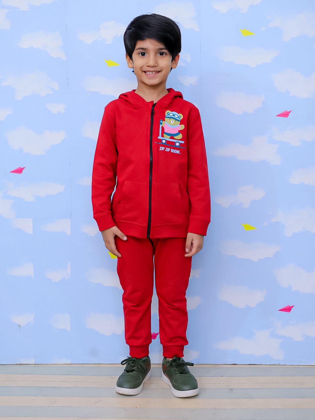 The Mom Store Boys Zip Zip Printed Hooded Zipper Pure Cotton Sweatshirt with Joggers