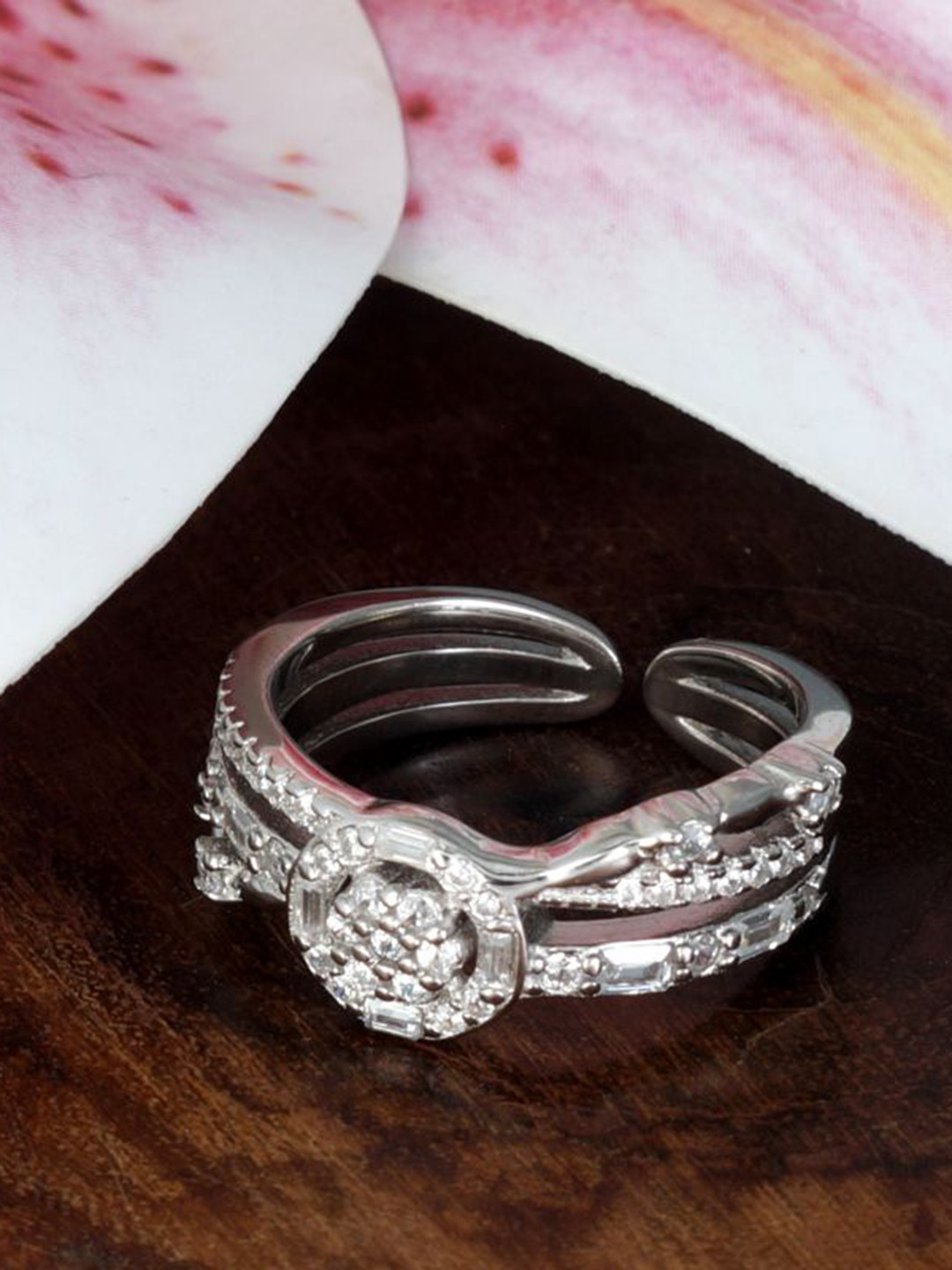 Tuanz Silver Jewelry 925 Sterling Silver Rhodium-Plated CZ-Stone Studded Adjustable Ring