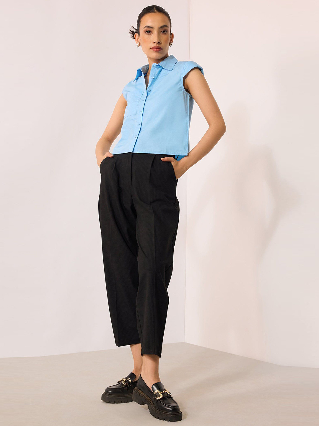 Virgio Women Rescued Poly Fabric Crop Length Solid Trouser