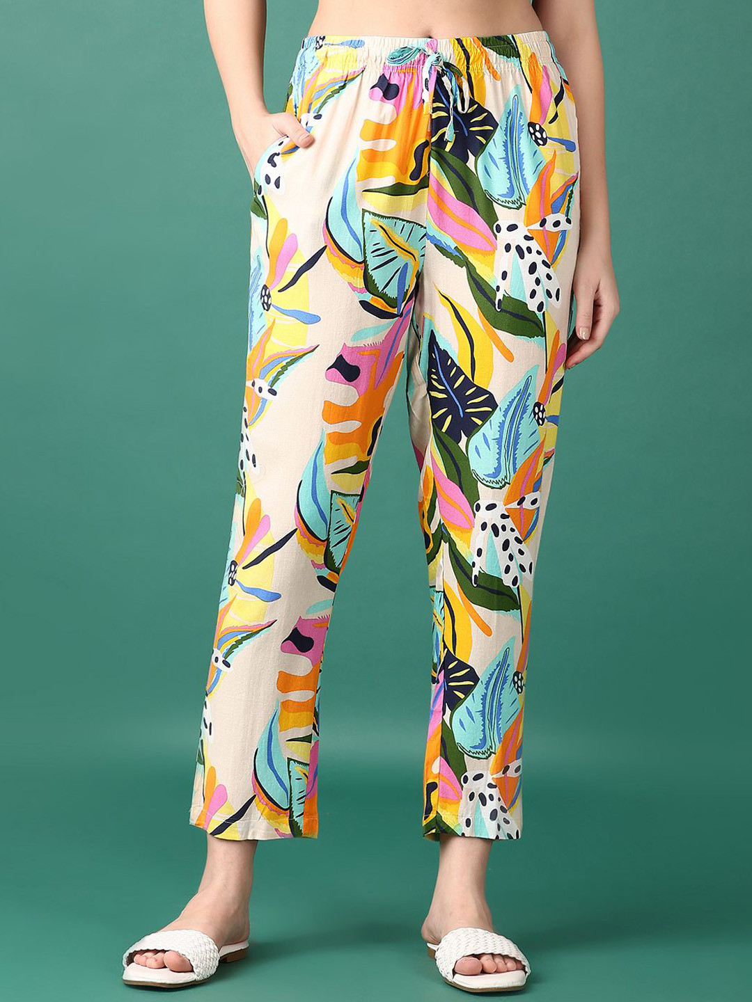 V-Mart Women Abstract Printed Mid Rise Drawstring Regular Trousers