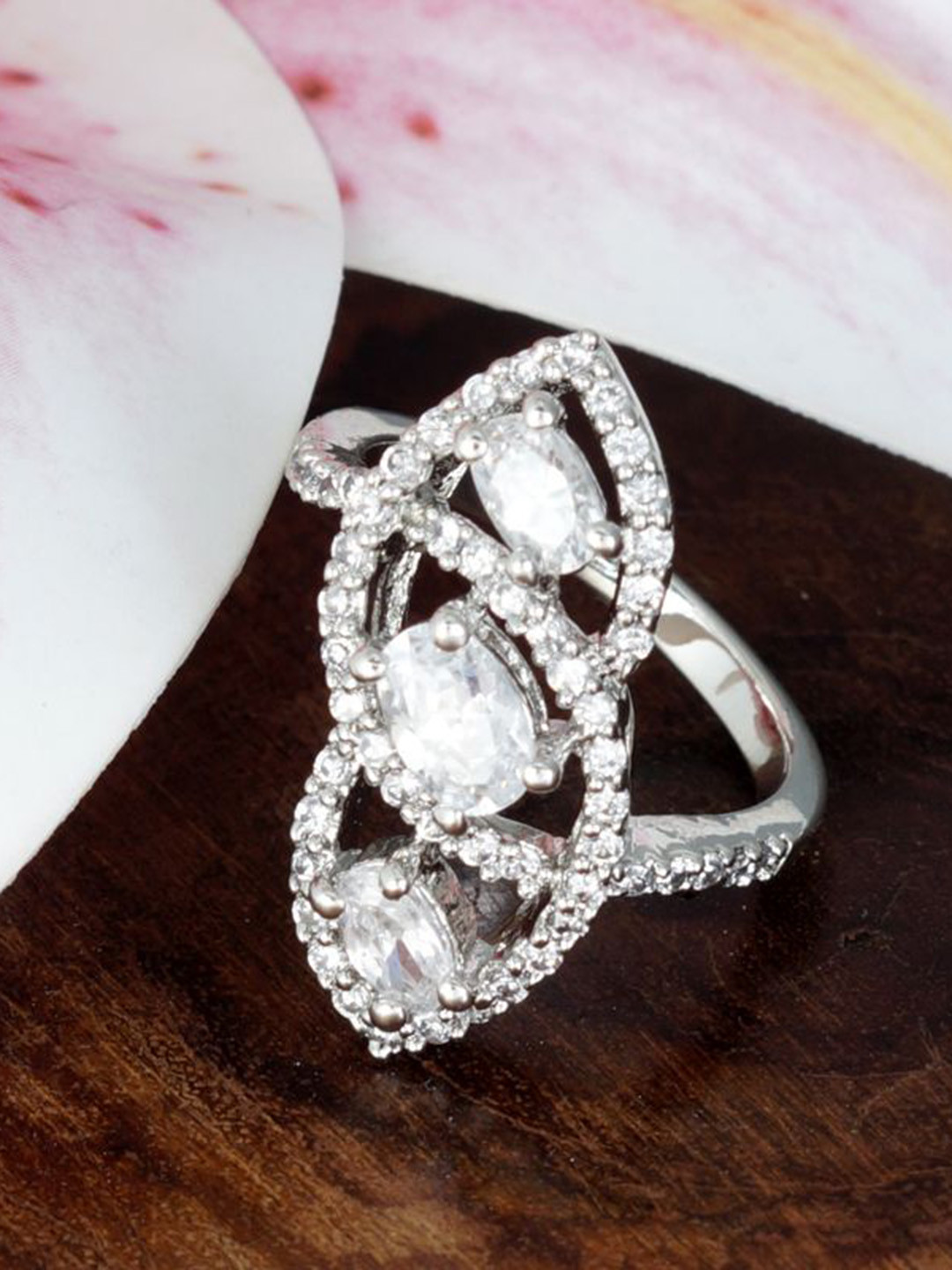 Tuanz Silver Jewelry Manzil Trio 925 Sterling Silver Rhodium Plated CZ-Stone Studded Ring