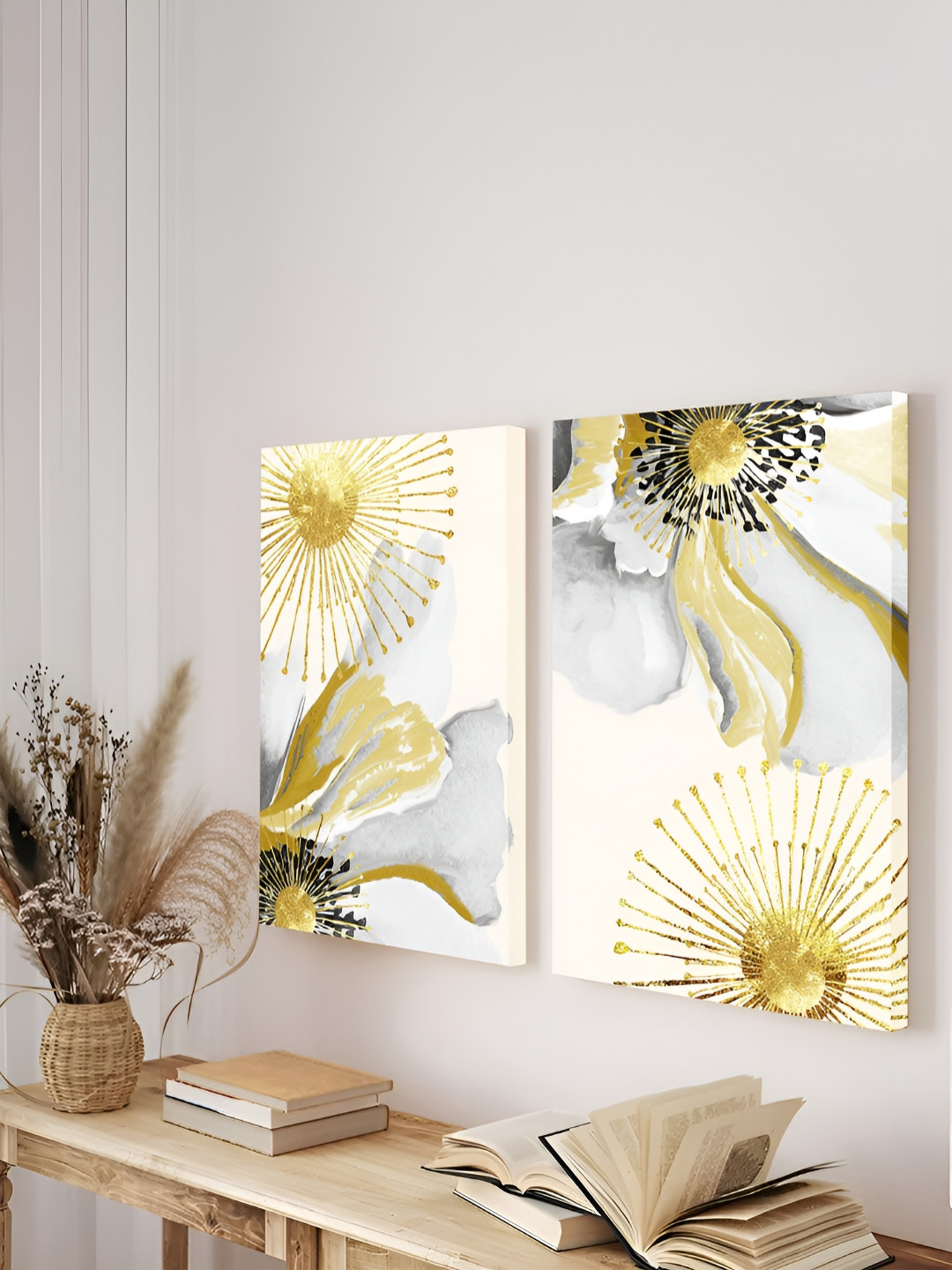Art Street White & Yellow 2 Pieces Canvas Abstract Painting Wall Arts