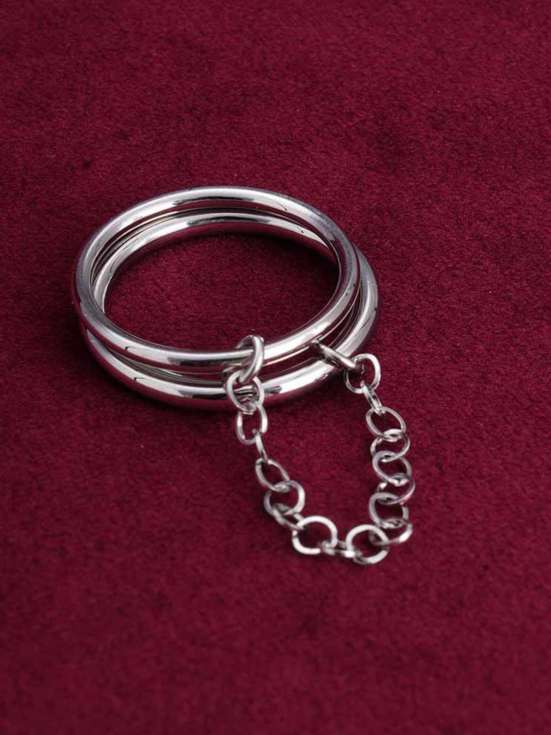 PALMONAS Silver-Plated Stainless Steel Two Finger Chain Finger Ring