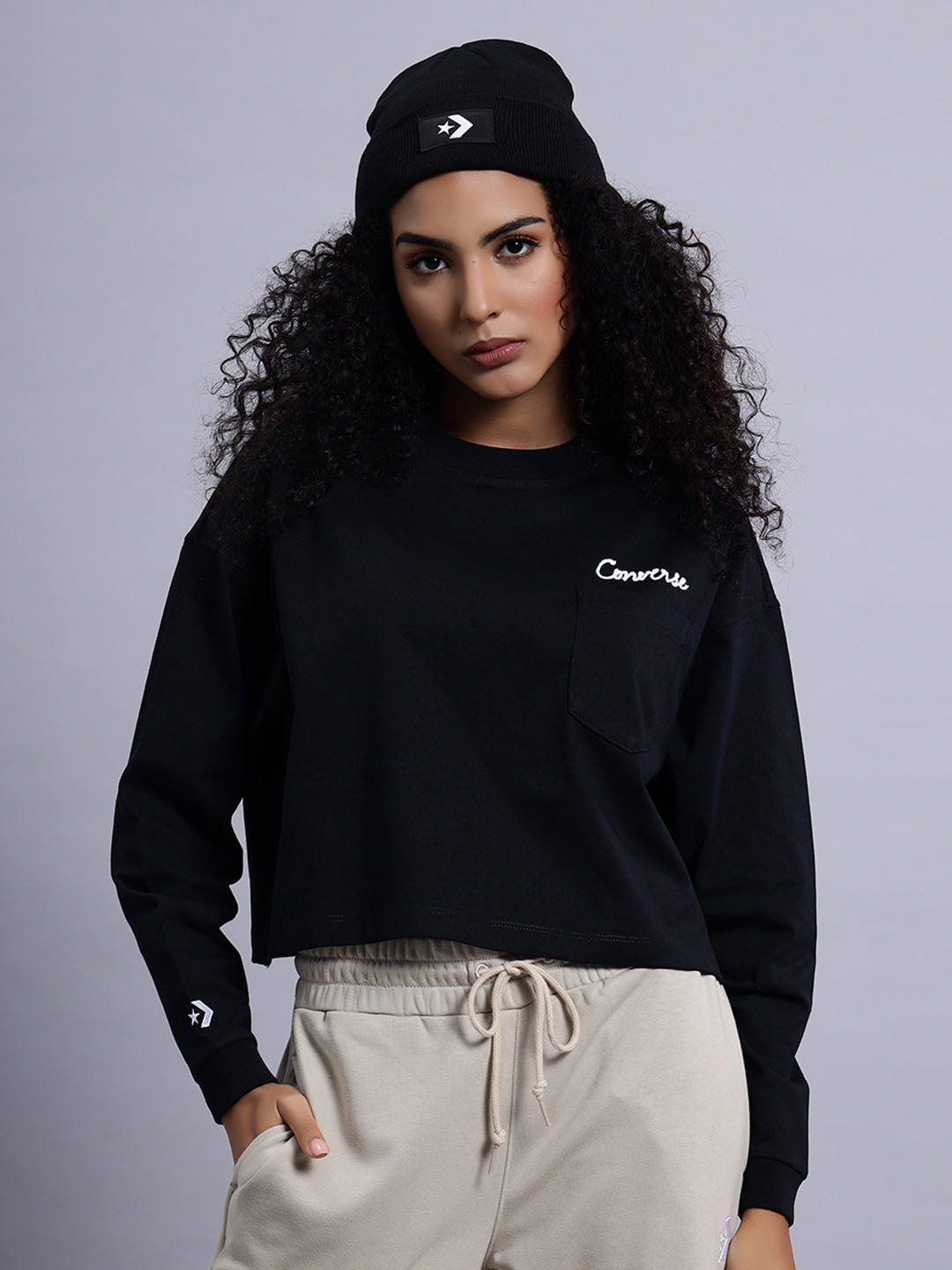 Converse Women Fashion Crop LS Pocket Top